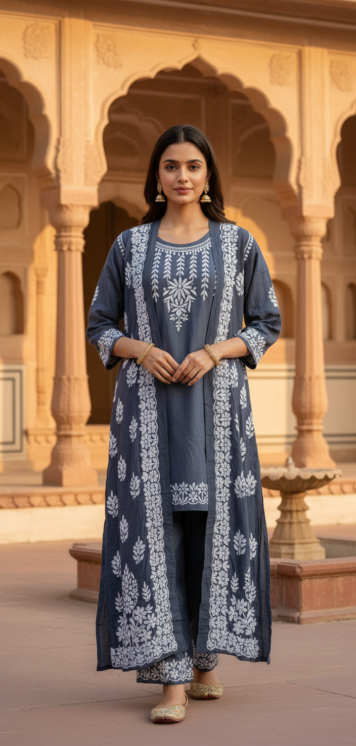 SUZAN SHRUG 3PC CHIKANKARI SET