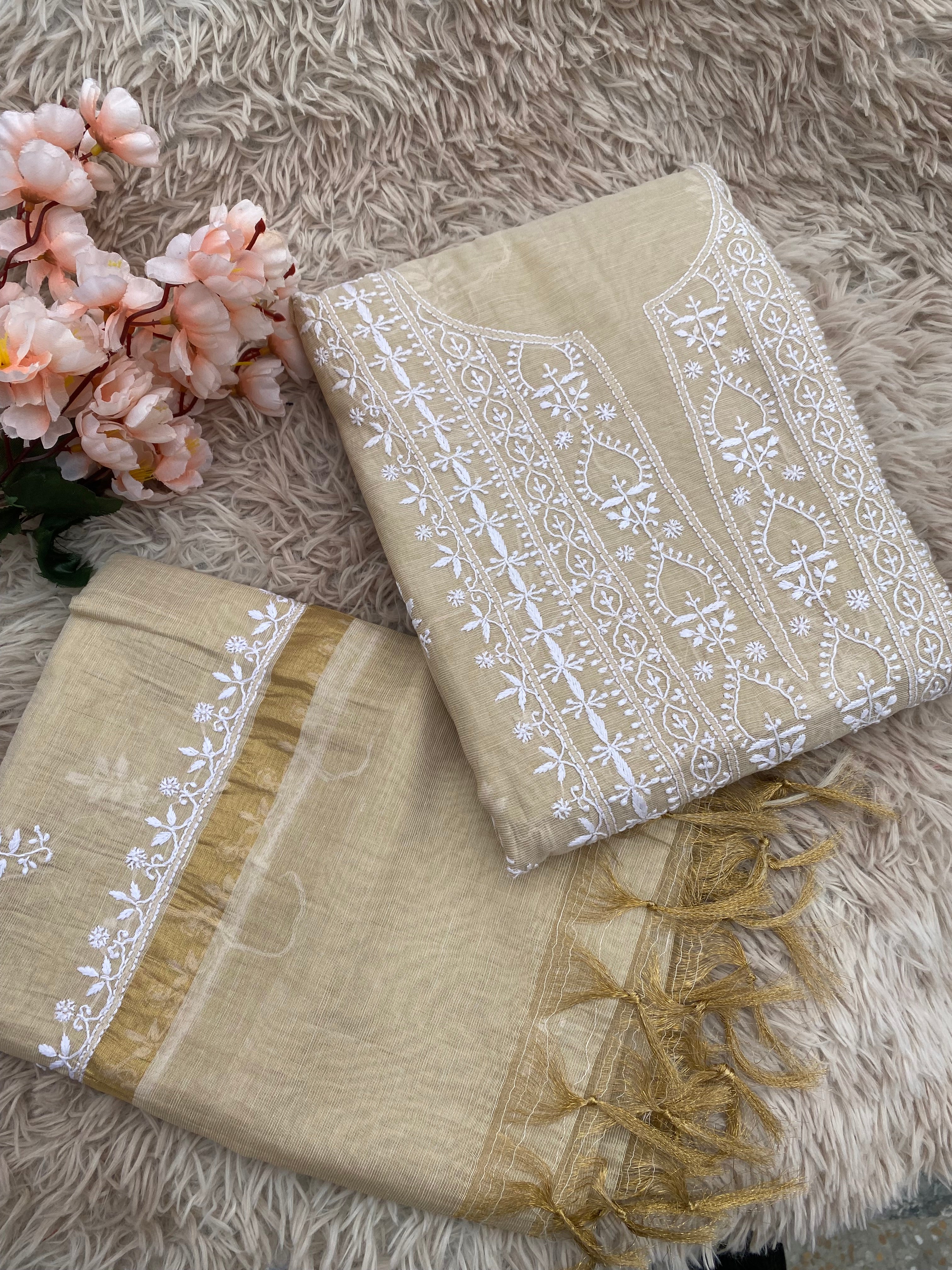 Beige UnStitched Tissue Silk Kurti Piece with Dupatta