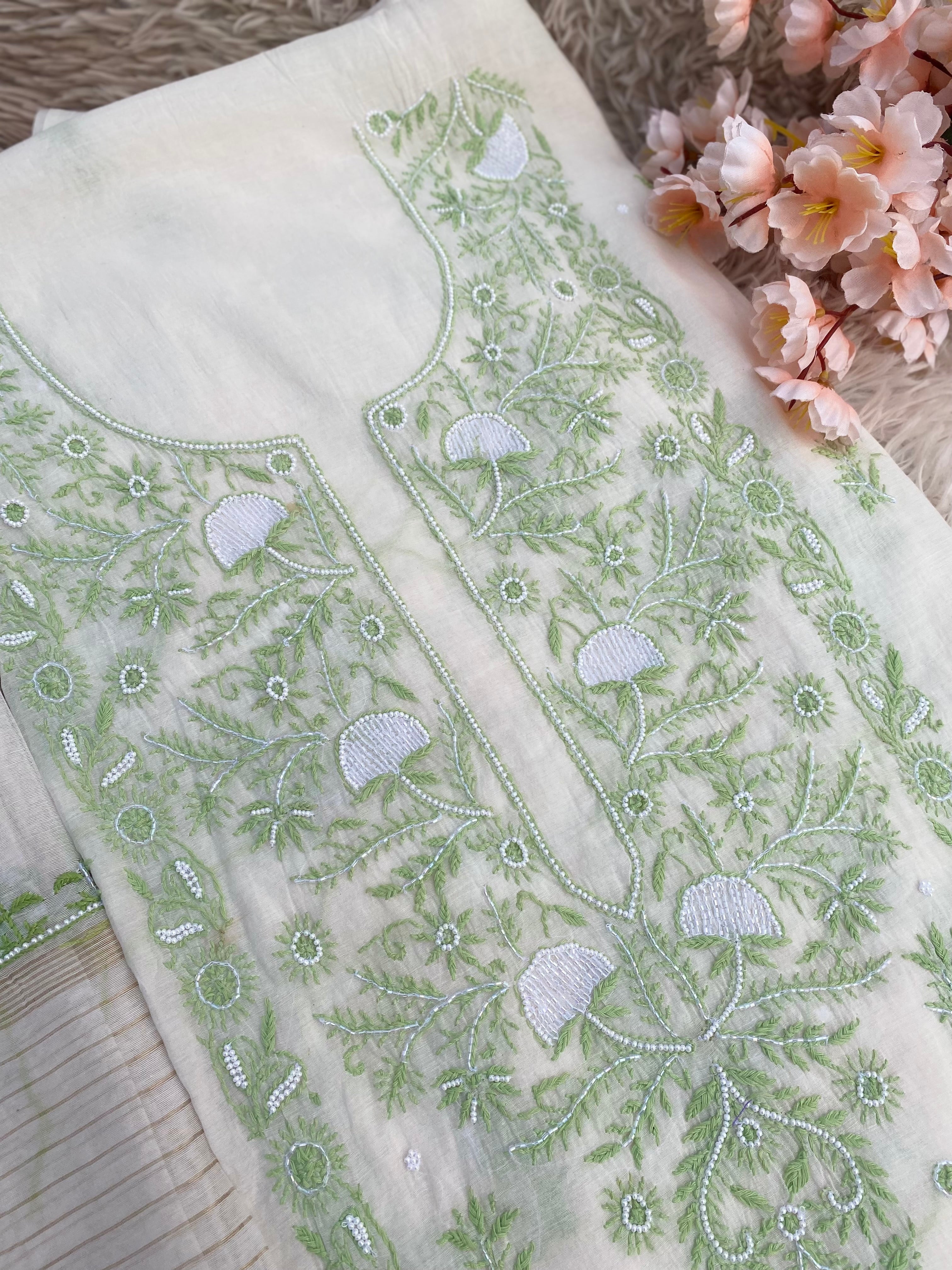WHITE WITH GREEN MUL CHANDERI UNSTITCHED KURTI WITH DUPATTA SET