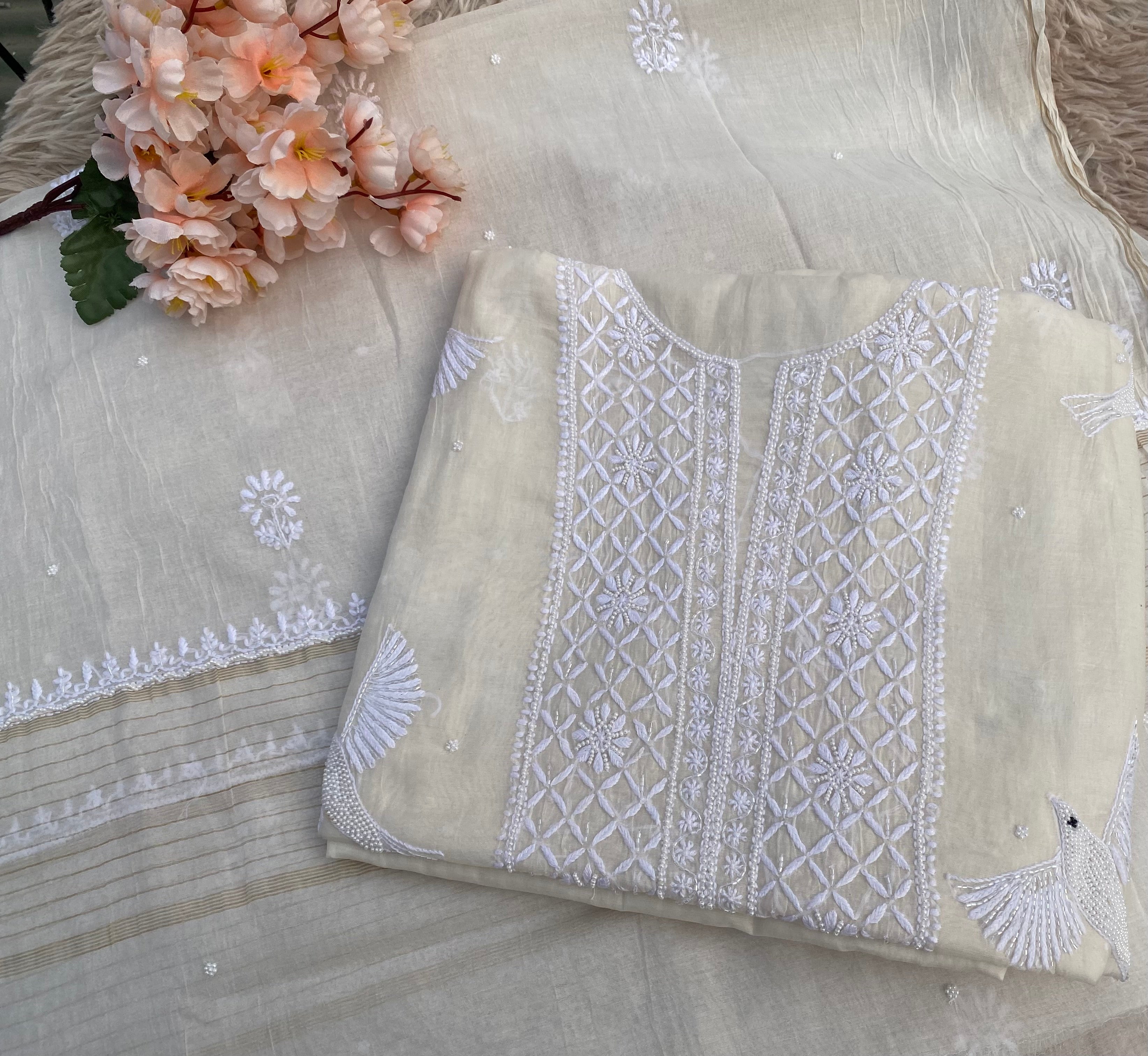 WHITE MUL CHANDERI UNSTITCHED KURTI WITH DUPATTA SET