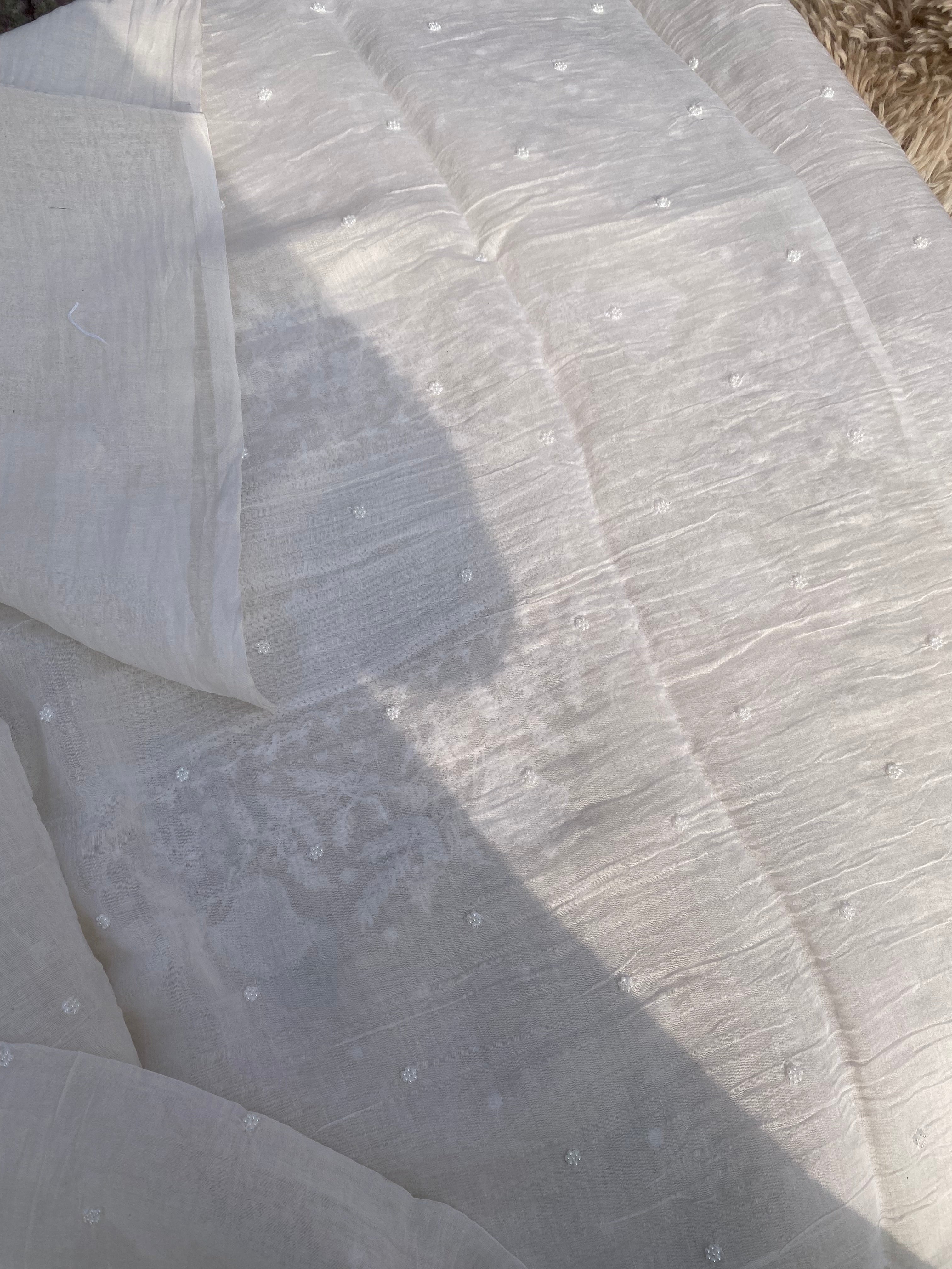 White Mul Chanderi Chikankari Kurti Set with Mukaish Work & Zari Dupatta