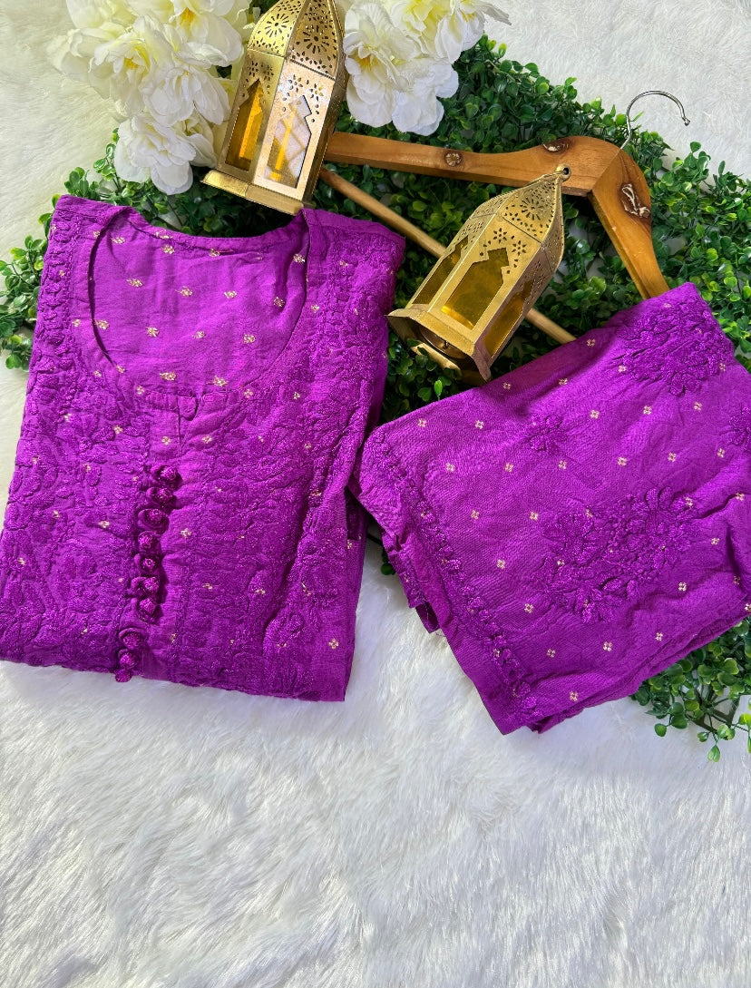 CHANDERI PREMIUM-PURPLE CHIKANKARI SET