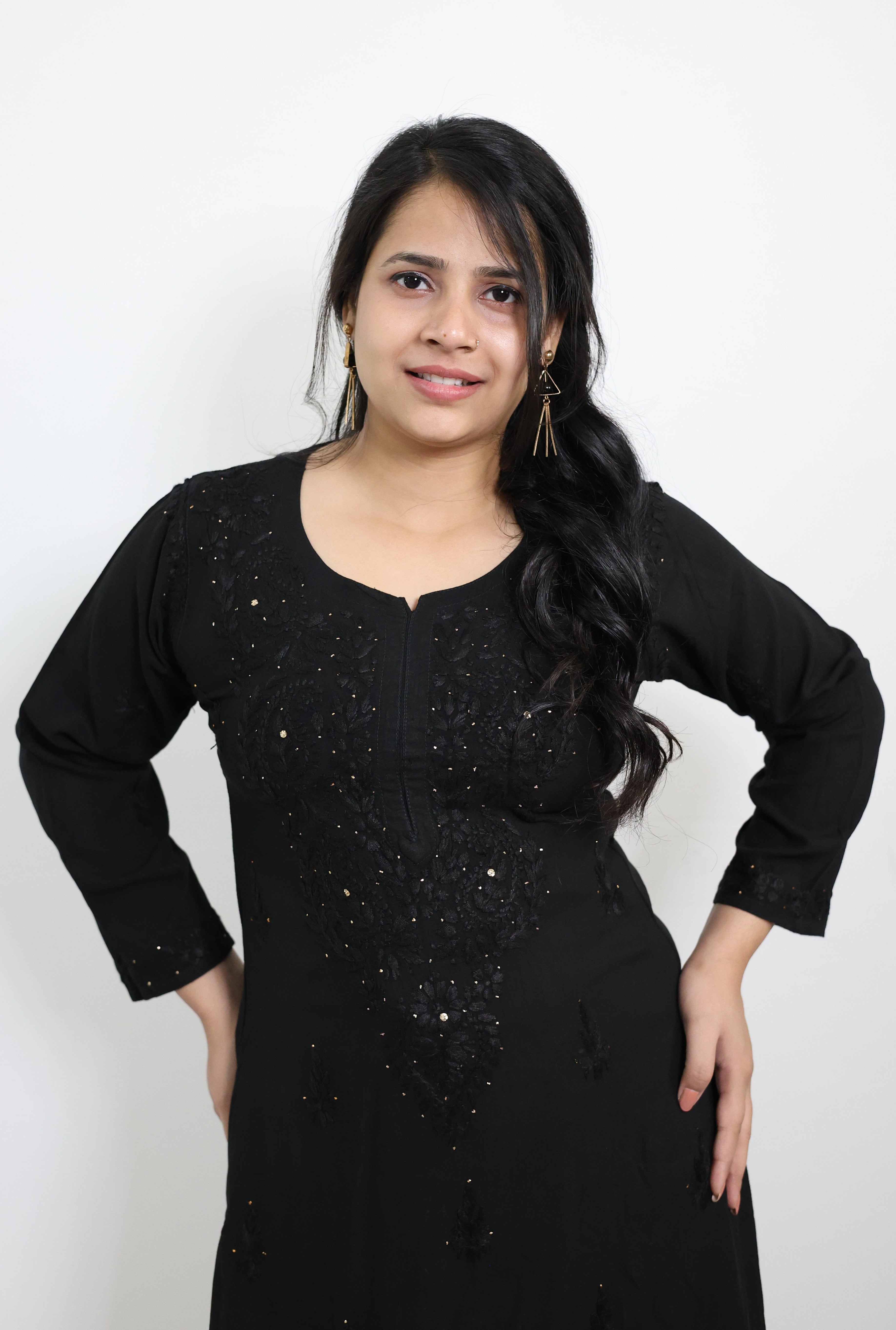 Fiza Black Rayon Mukaish Hand-Embroidered Lucknowi Chikankari Kurta Pant Set