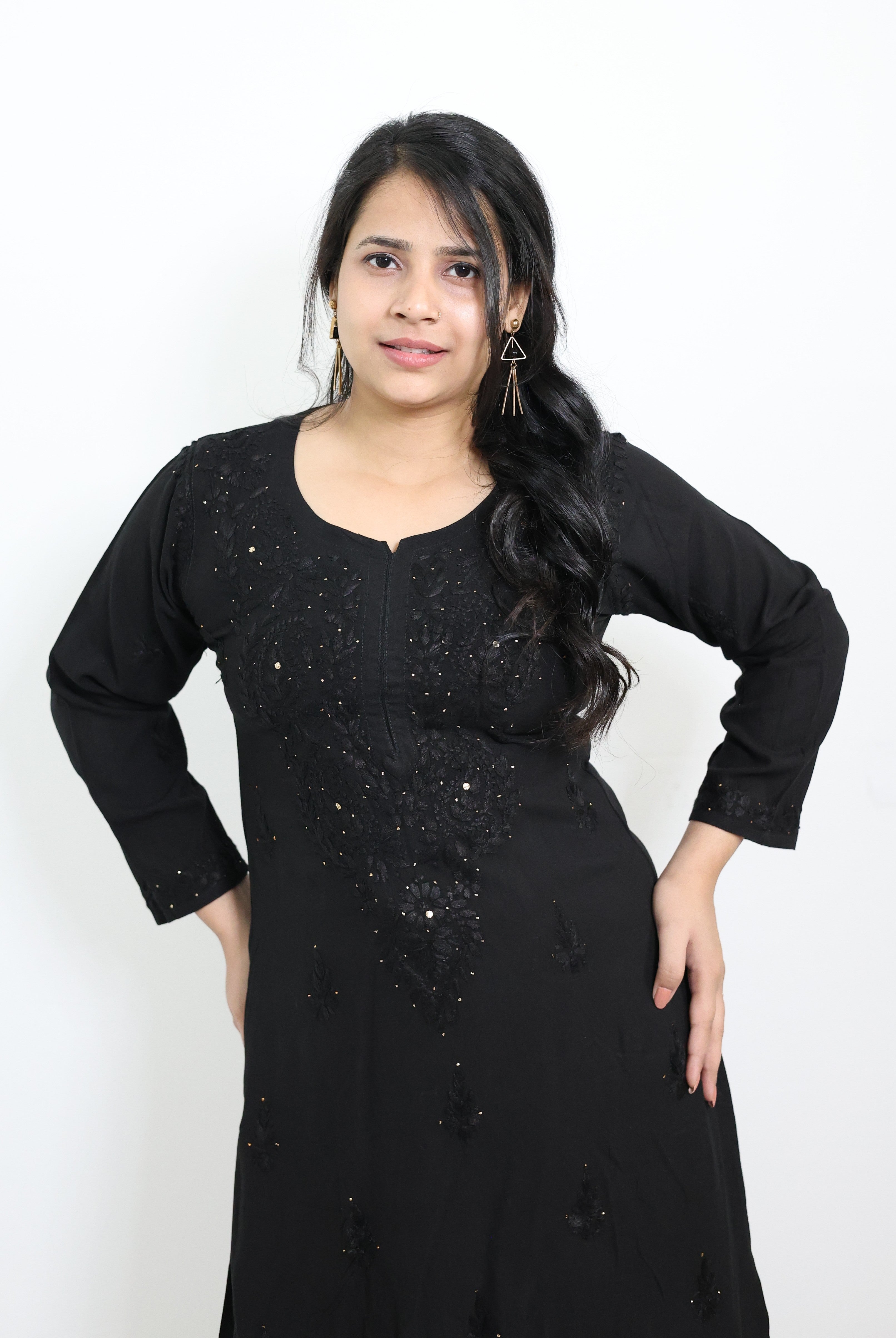 Fiza Black Rayon Mukaish Hand-Embroidered Lucknowi Chikankari Kurta Pant Set