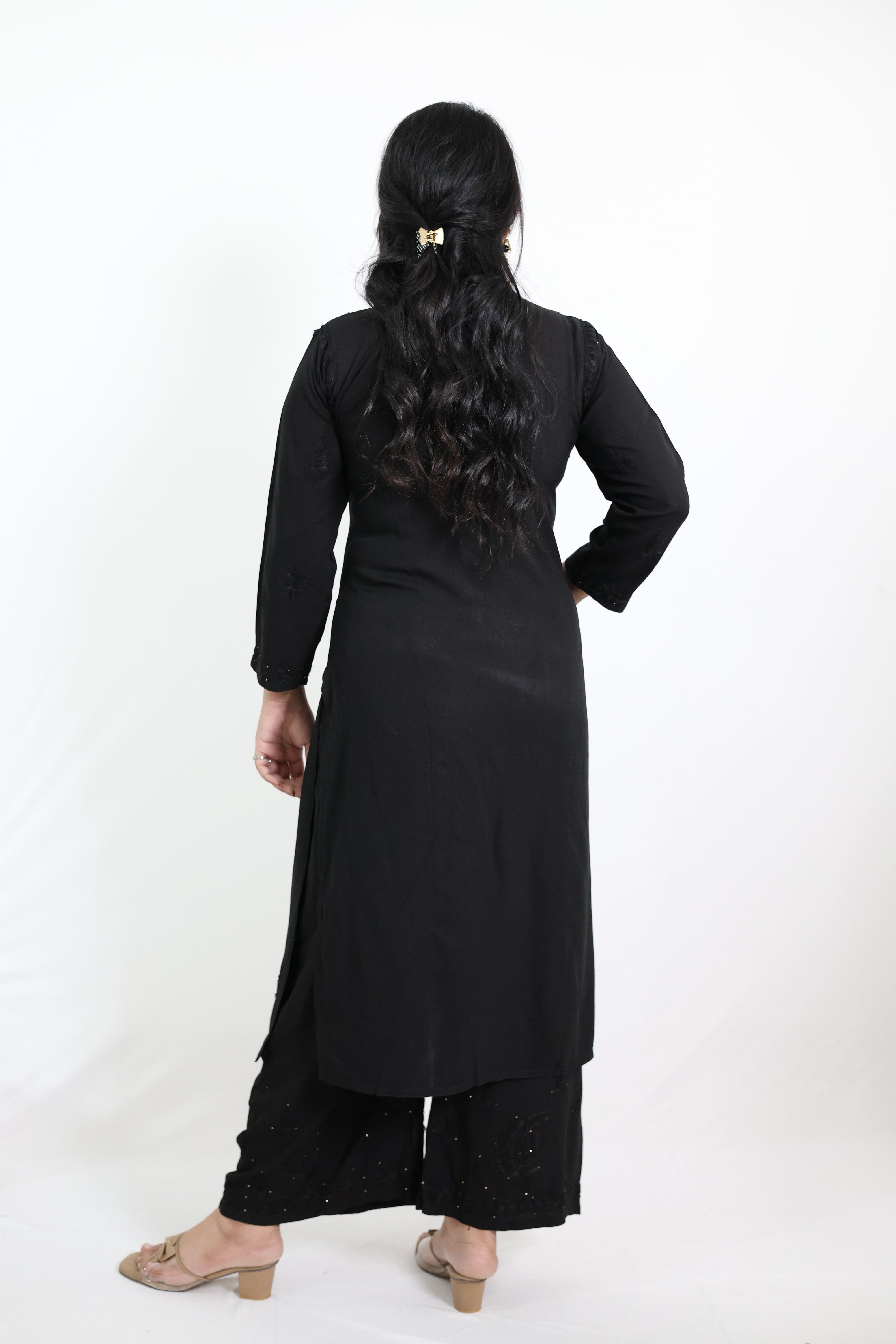 Fiza Black Rayon Mukaish Hand-Embroidered Lucknowi Chikankari Kurta Pant Set