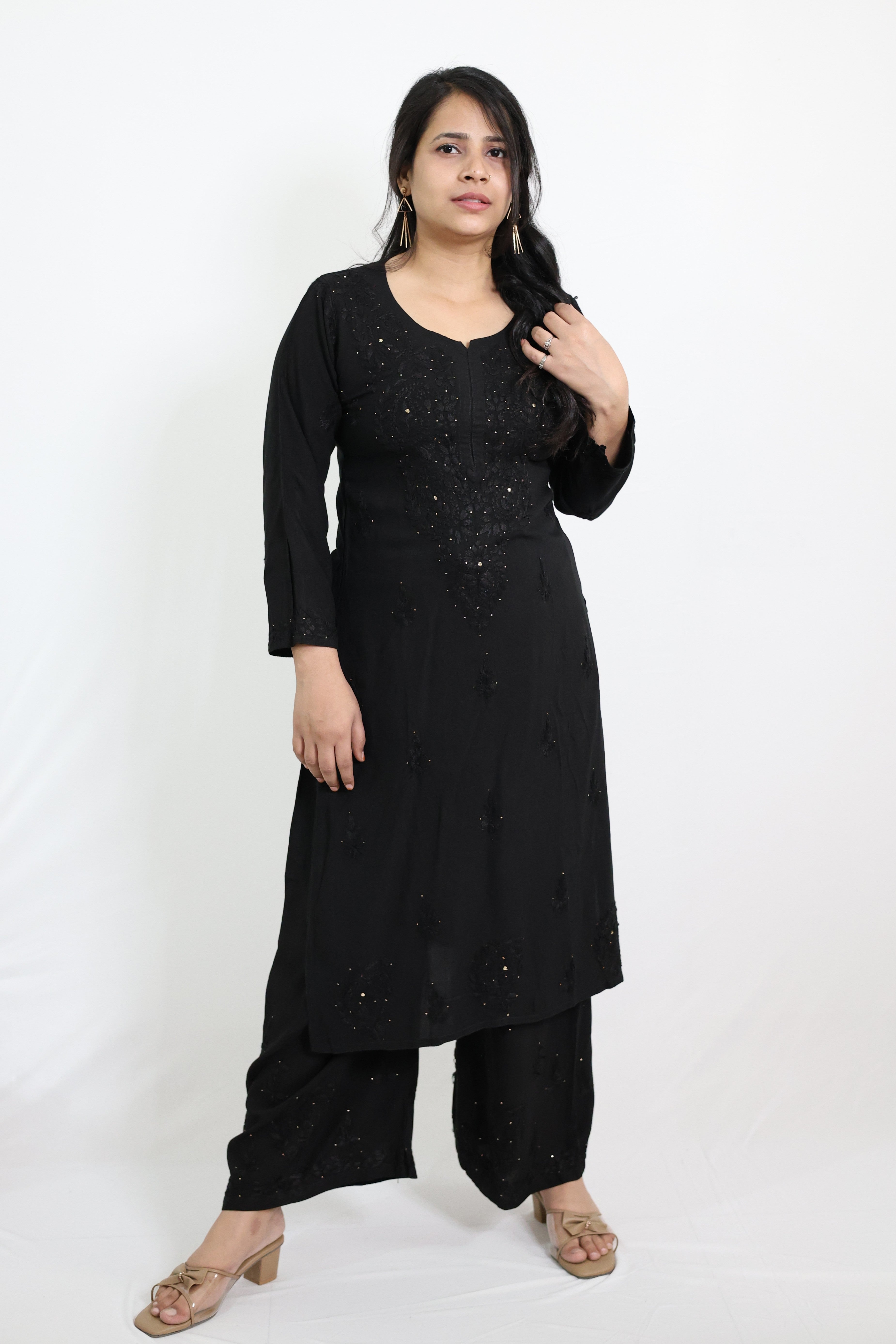 Fiza Black Rayon Mukaish Hand-Embroidered Lucknowi Chikankari Kurta Pant Set