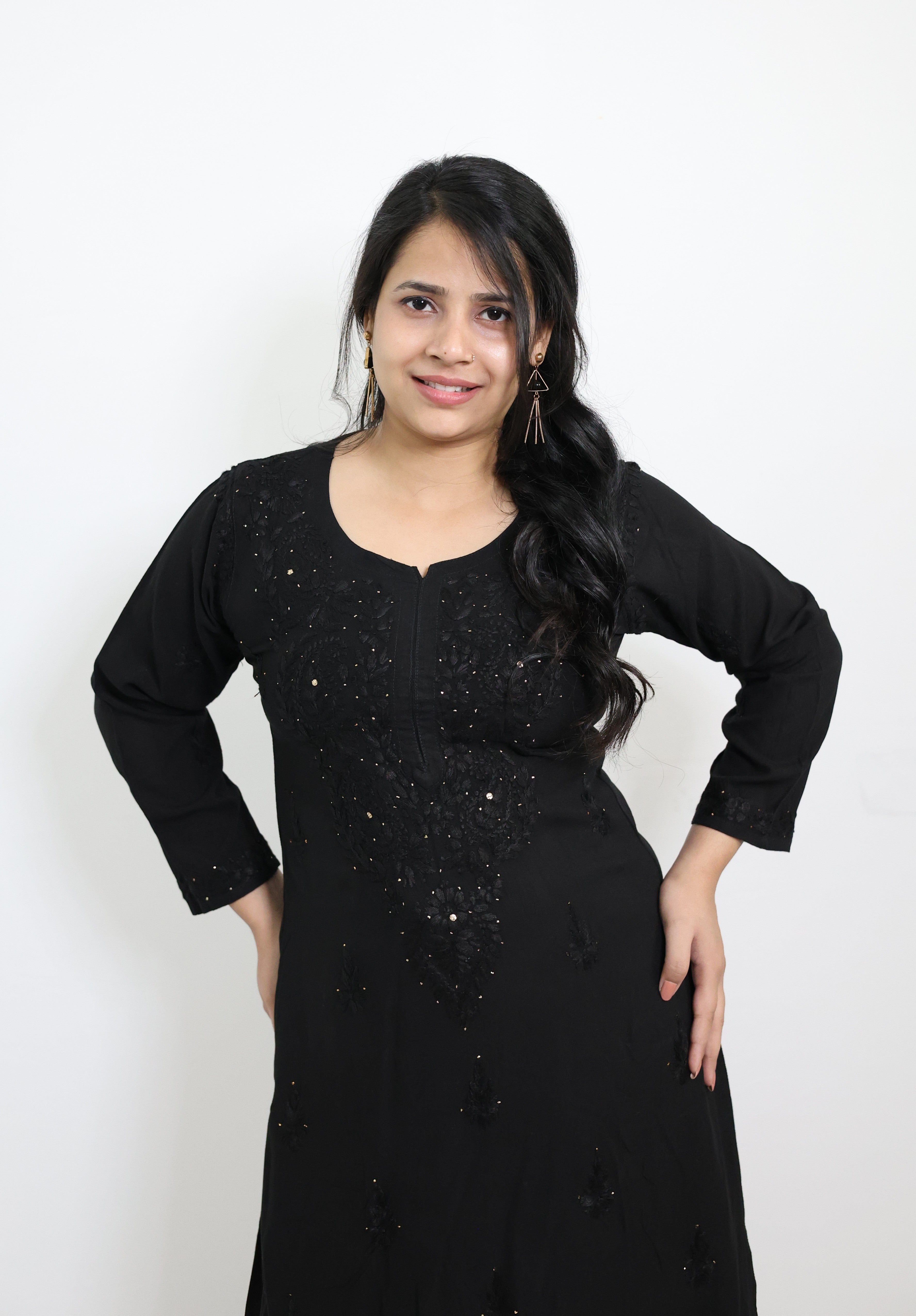 Fiza Black Rayon Mukaish Hand-Embroidered Lucknowi Chikankari Kurta Pant Set