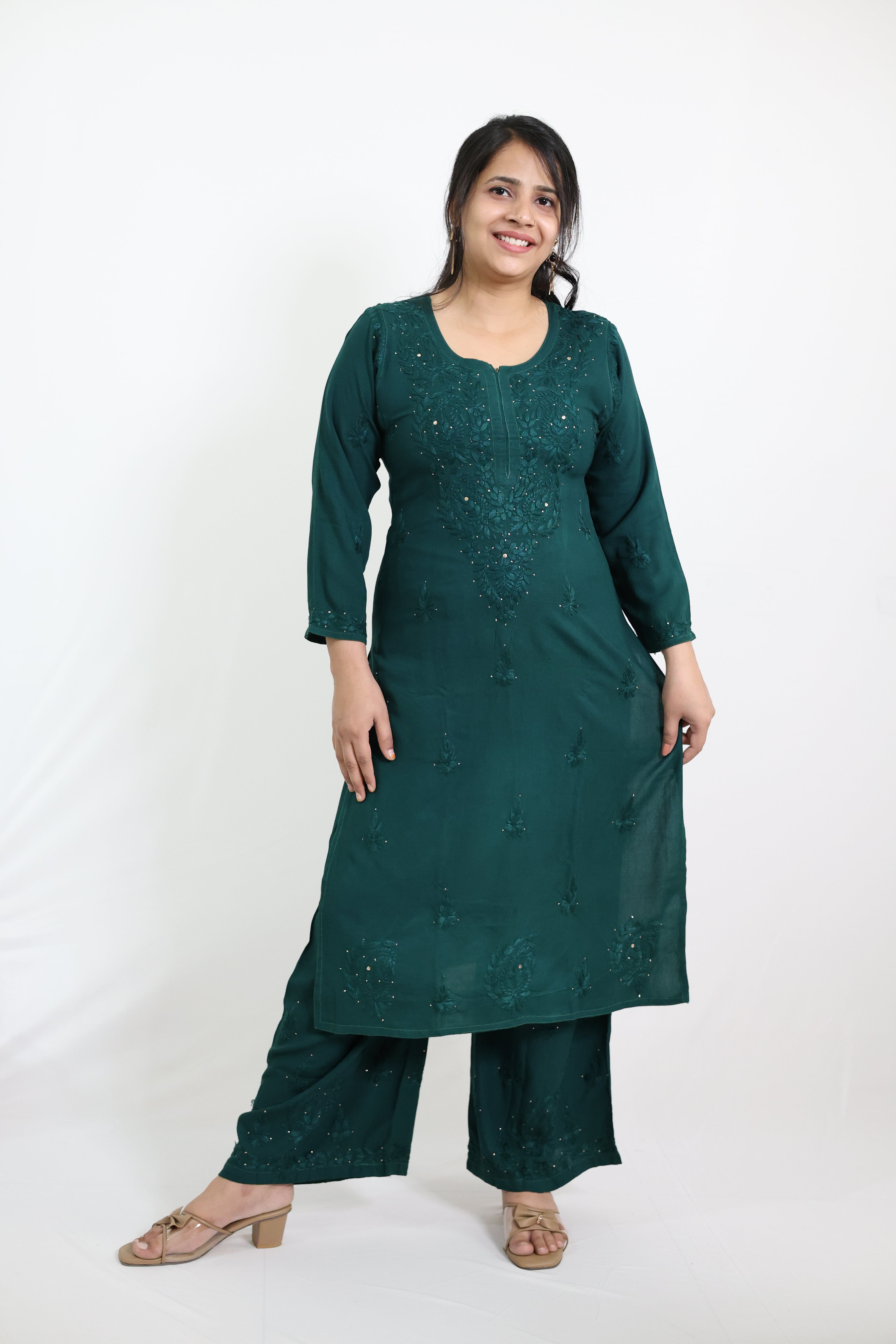 Fiza Green Rayon Mukaish Hand-Embroidered Lucknowi Chikankari Kurta Pant Set