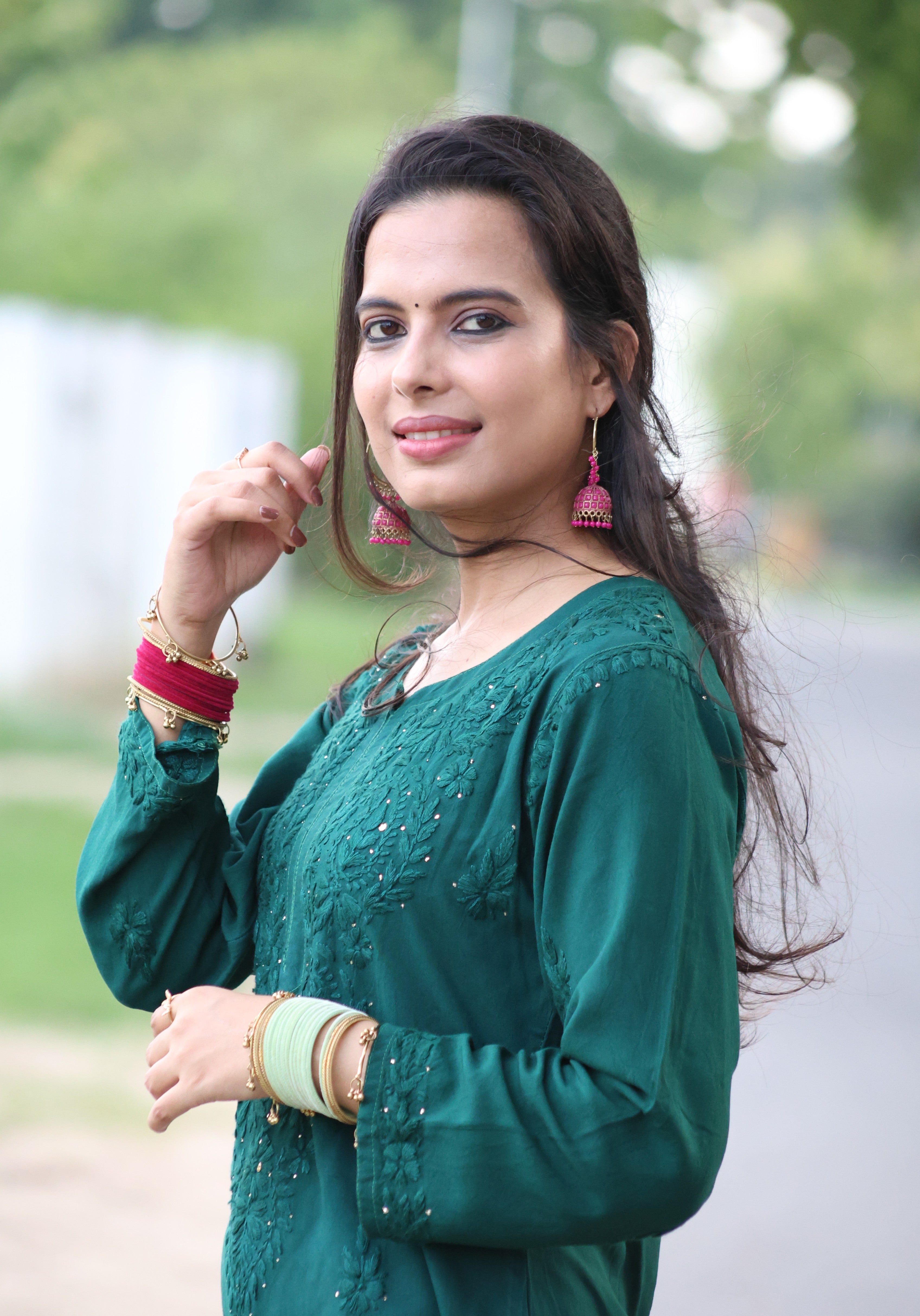 Fiza Green Rayon Mukaish Hand-Embroidered Lucknowi Chikankari Kurta Pant Set