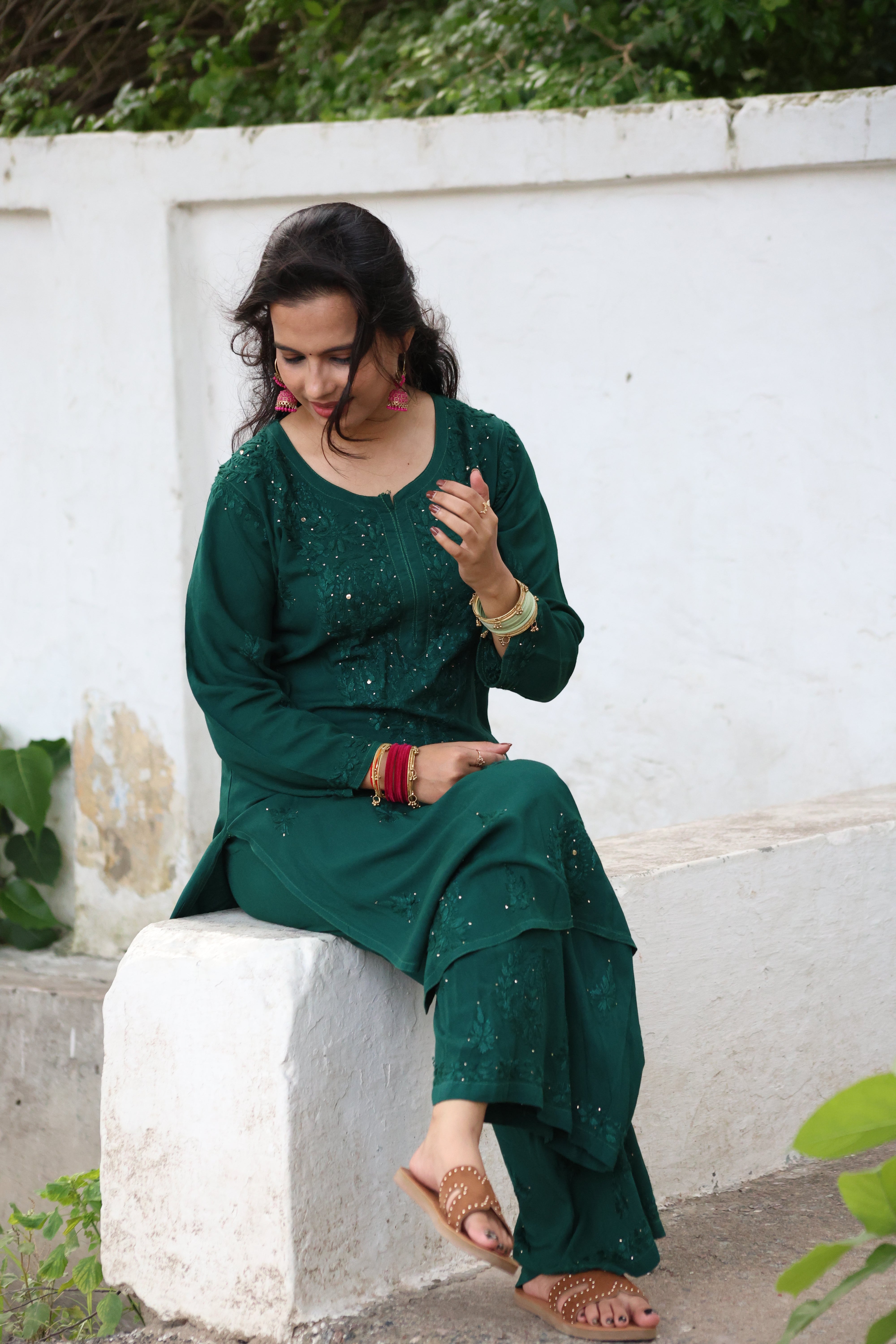 Fiza Green Rayon Mukaish Hand-Embroidered Lucknowi Chikankari Kurta Pant Set