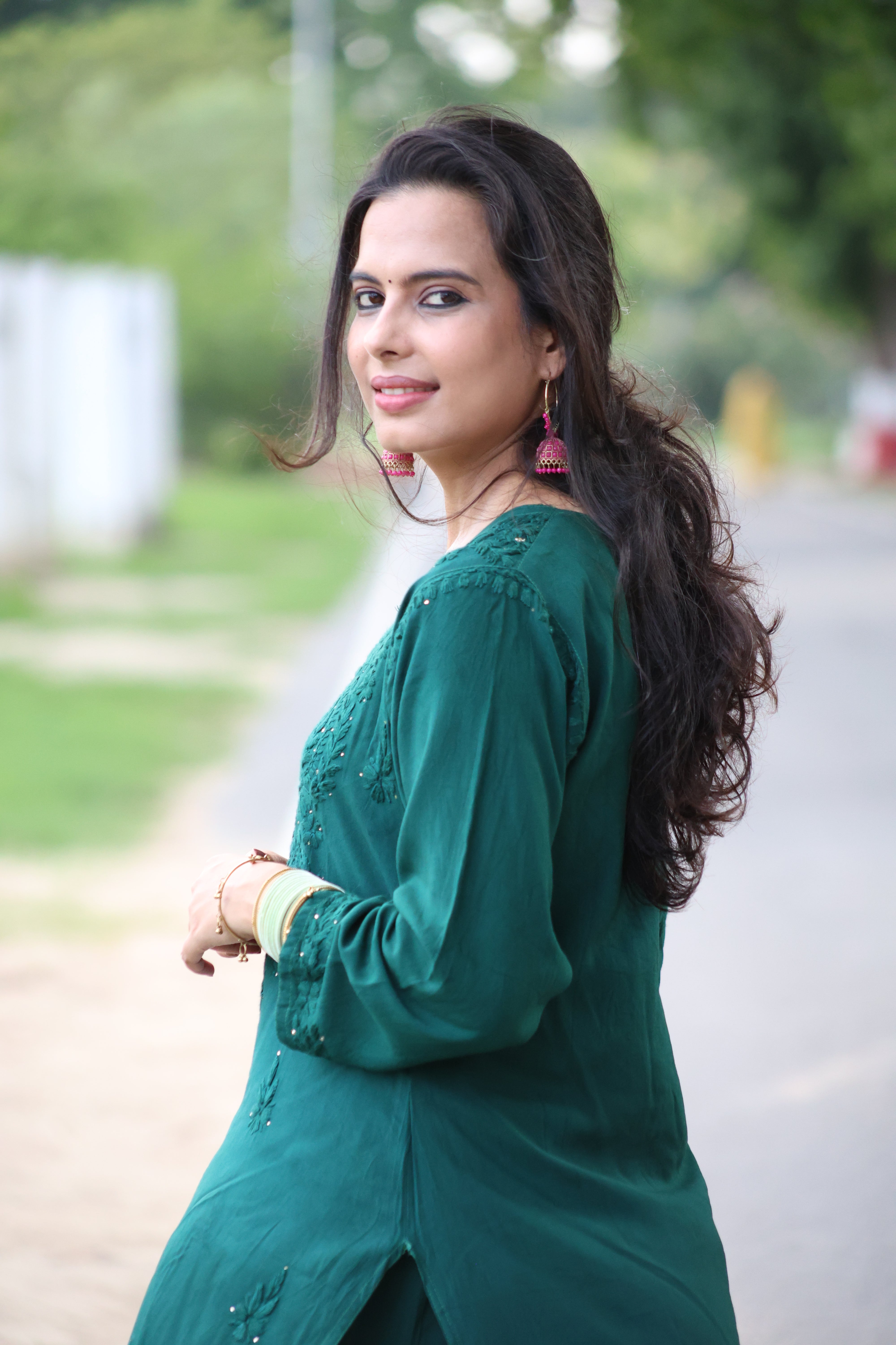 Fiza Green Rayon Mukaish Hand-Embroidered Lucknowi Chikankari Kurta Pant Set