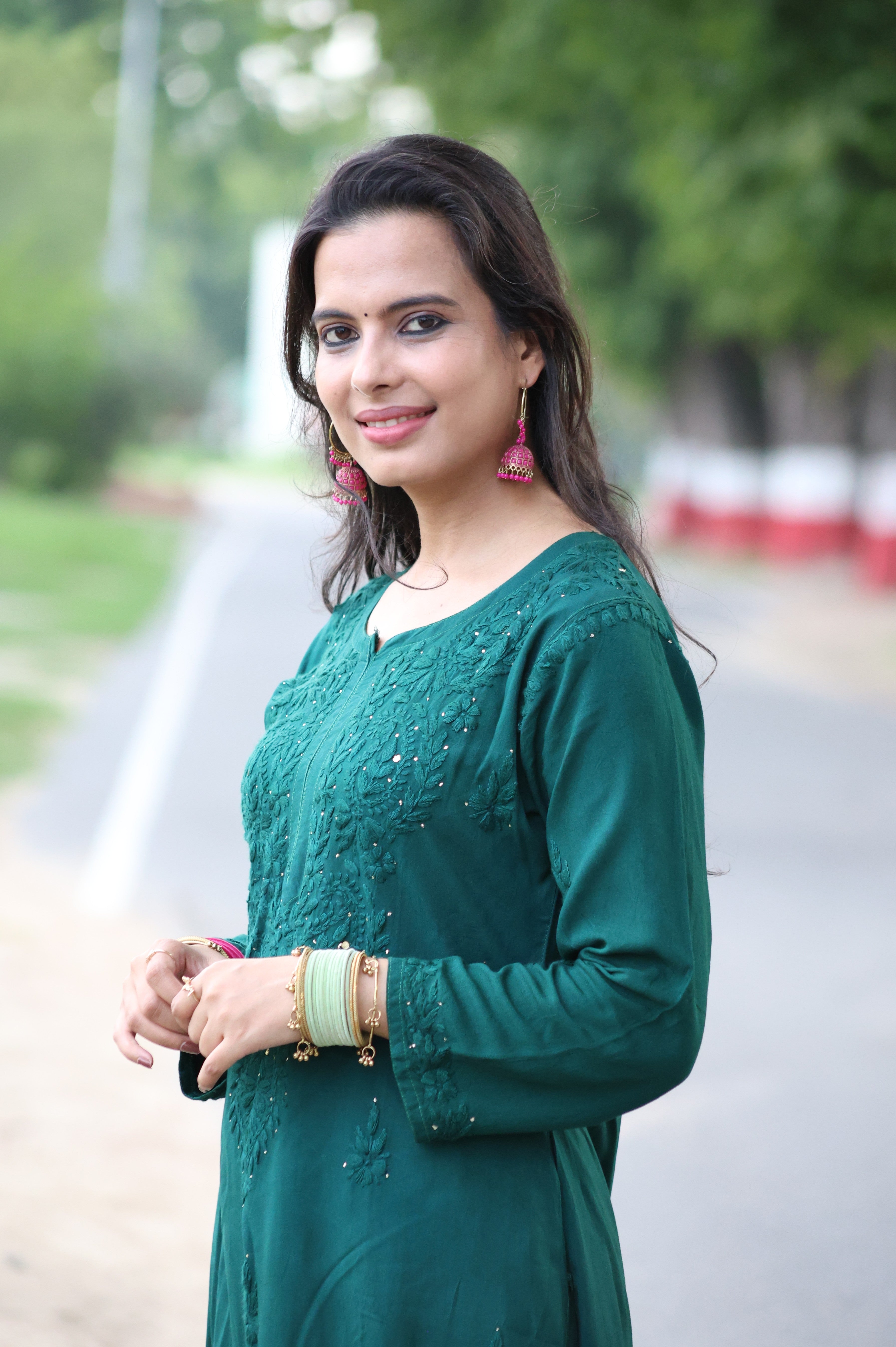 Fiza Green Rayon Mukaish Hand-Embroidered Lucknowi Chikankari Kurta Pant Set