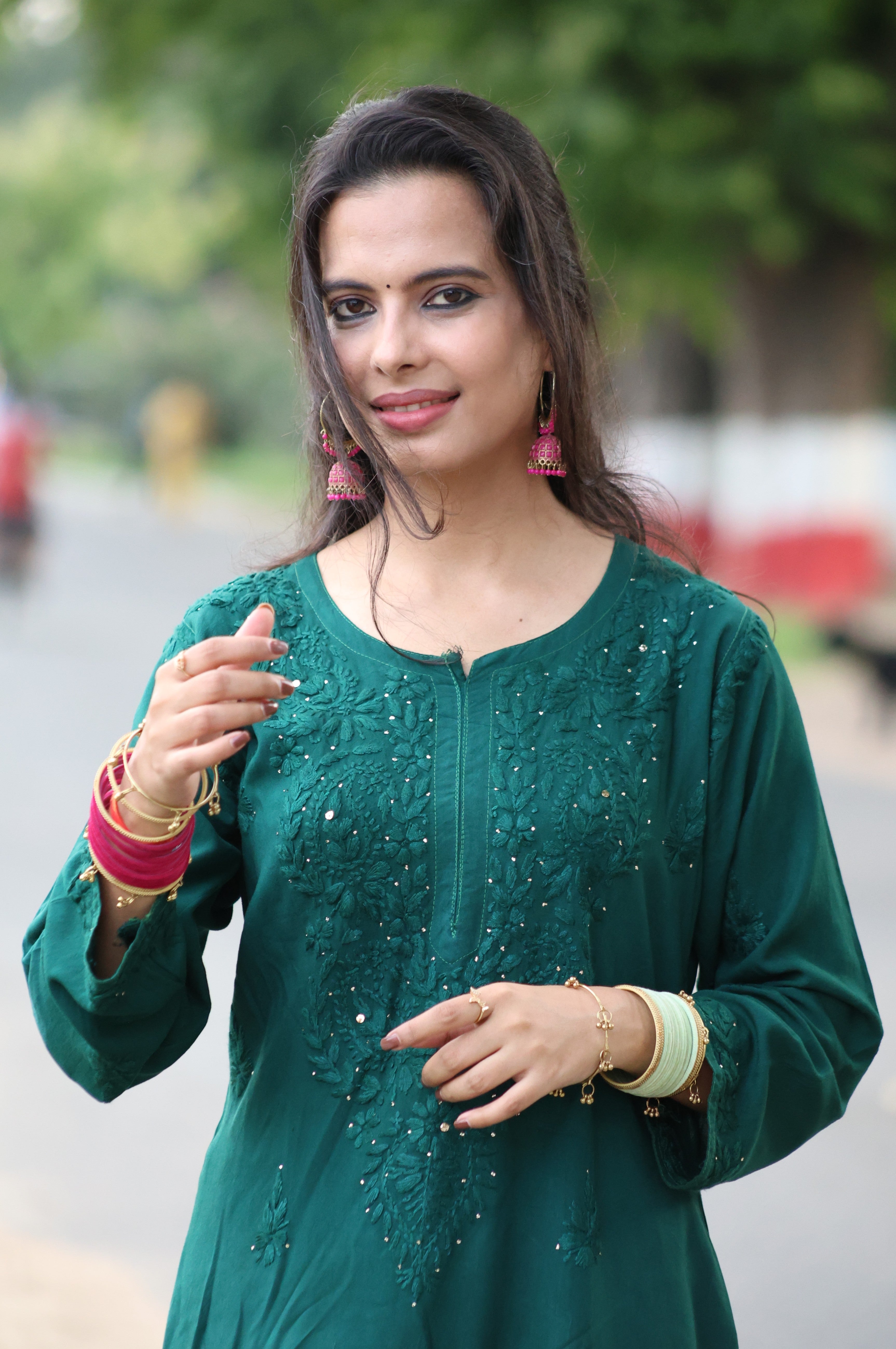 Fiza Green Rayon Mukaish Hand-Embroidered Lucknowi Chikankari Kurta Pant Set