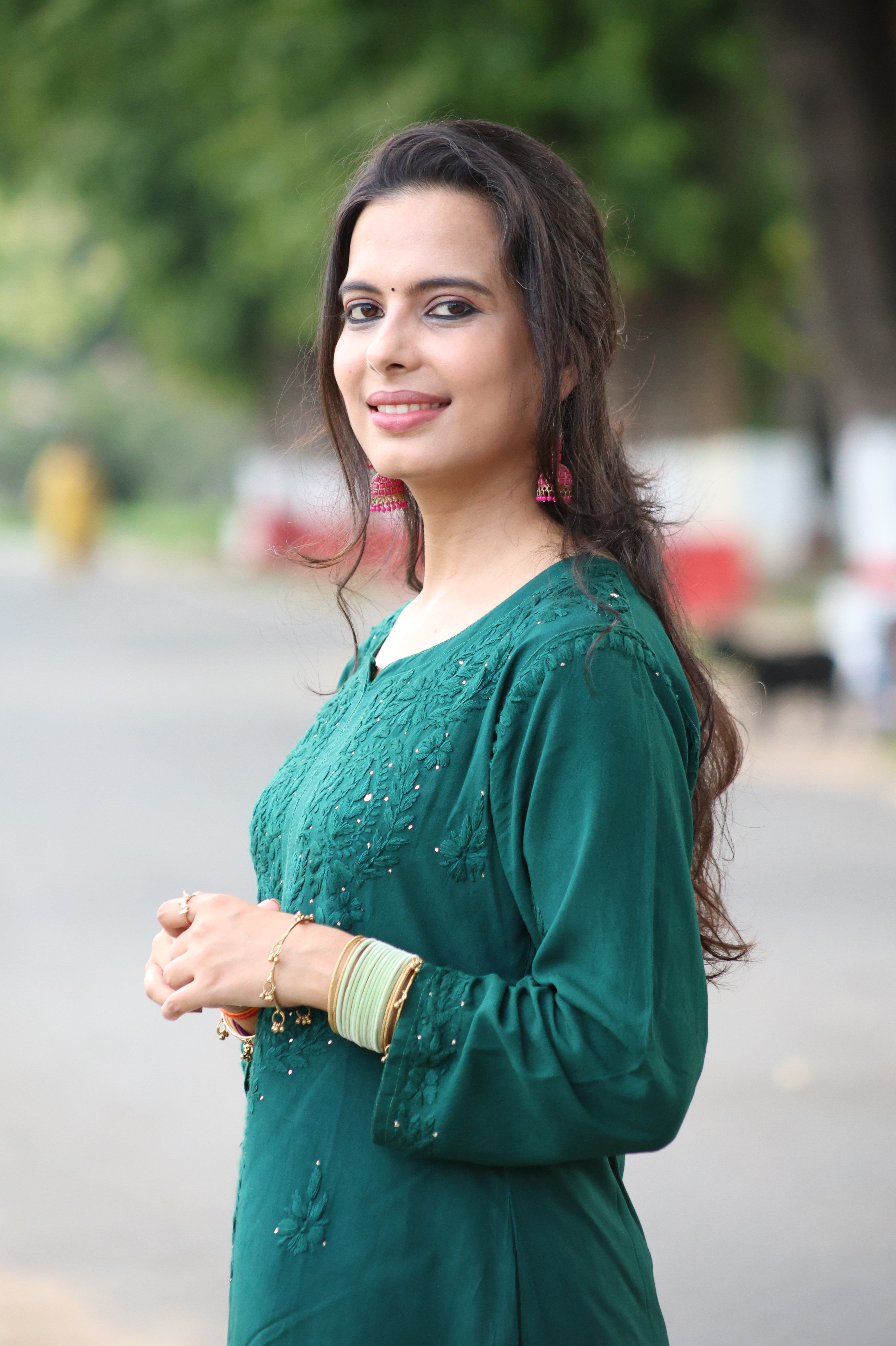 Fiza Green Rayon Mukaish Hand-Embroidered Lucknowi Chikankari Kurta Pant Set