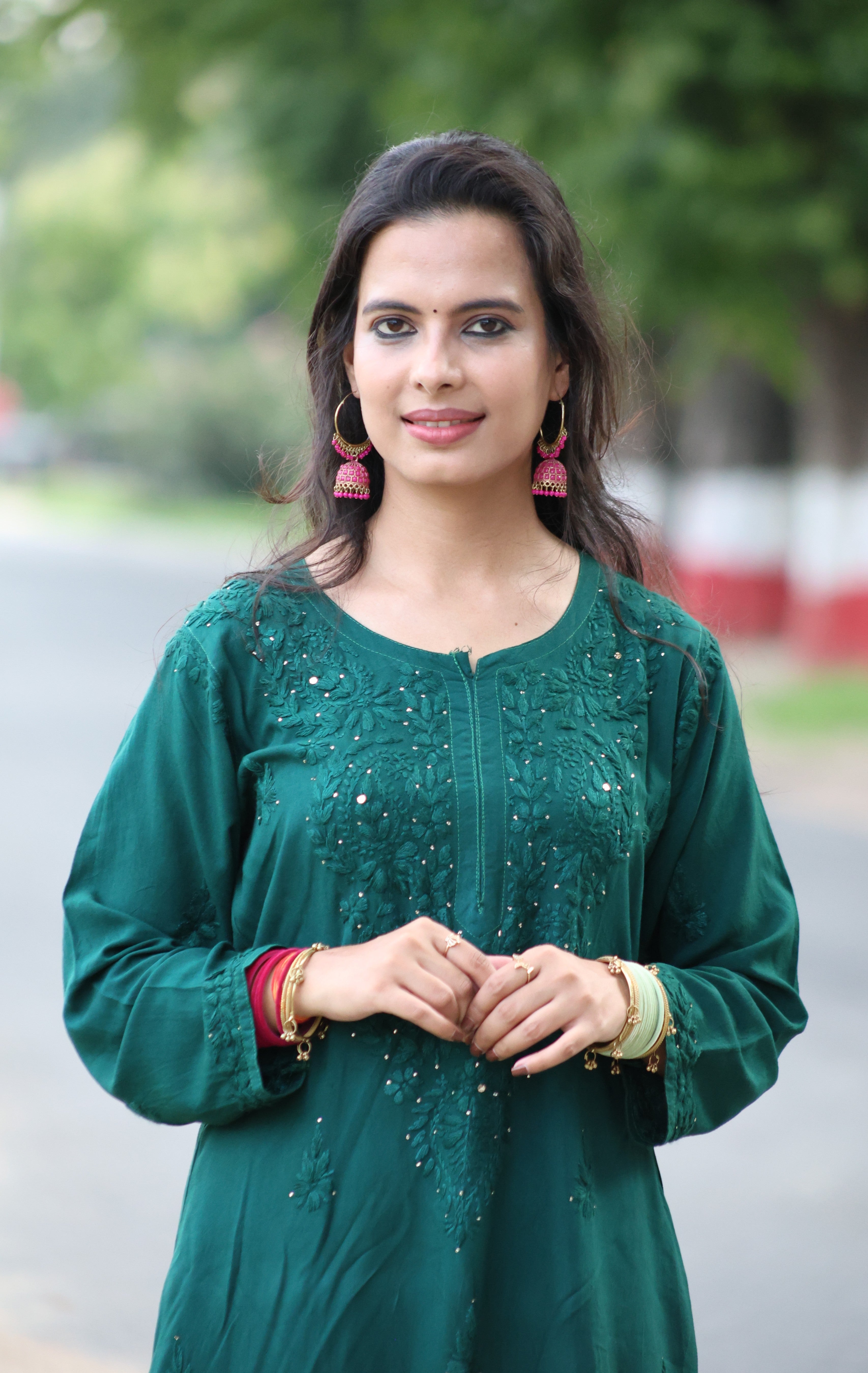 Fiza Green Rayon Mukaish Hand-Embroidered Lucknowi Chikankari Kurta Pant Set