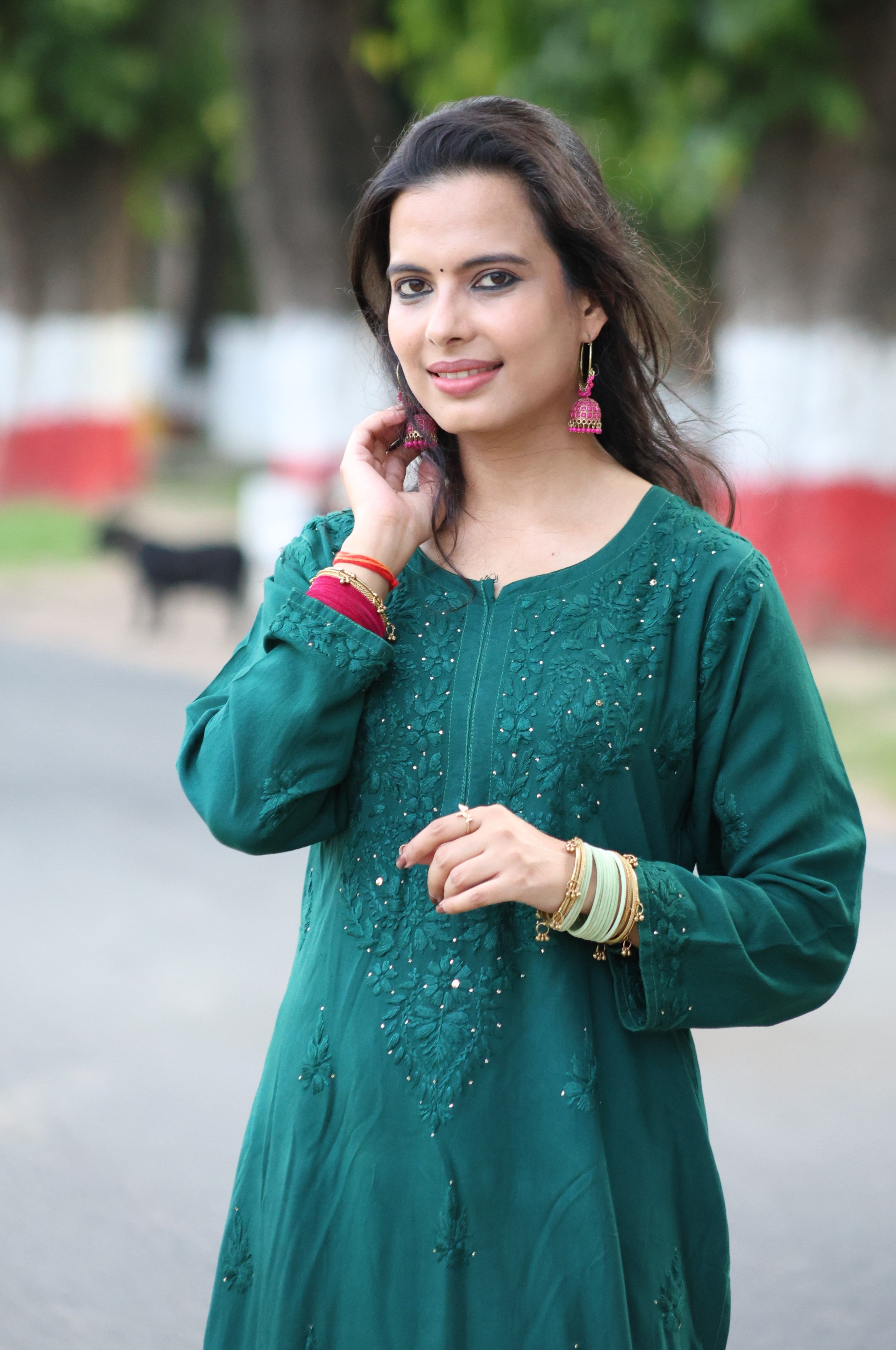 Fiza Green Rayon Mukaish Hand-Embroidered Lucknowi Chikankari Kurta Pant Set