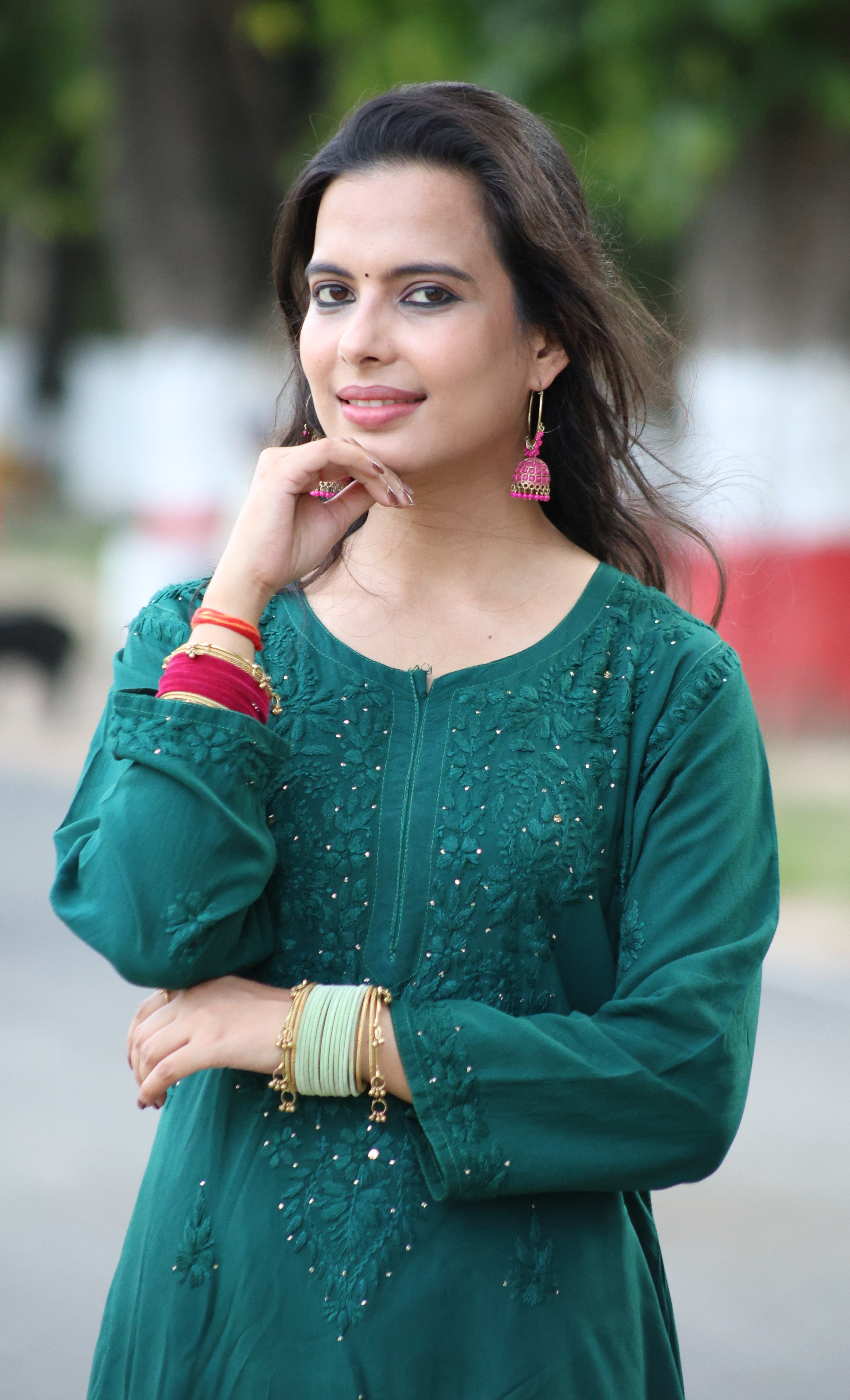 Fiza Green Rayon Mukaish Hand-Embroidered Lucknowi Chikankari Kurta Pant Set