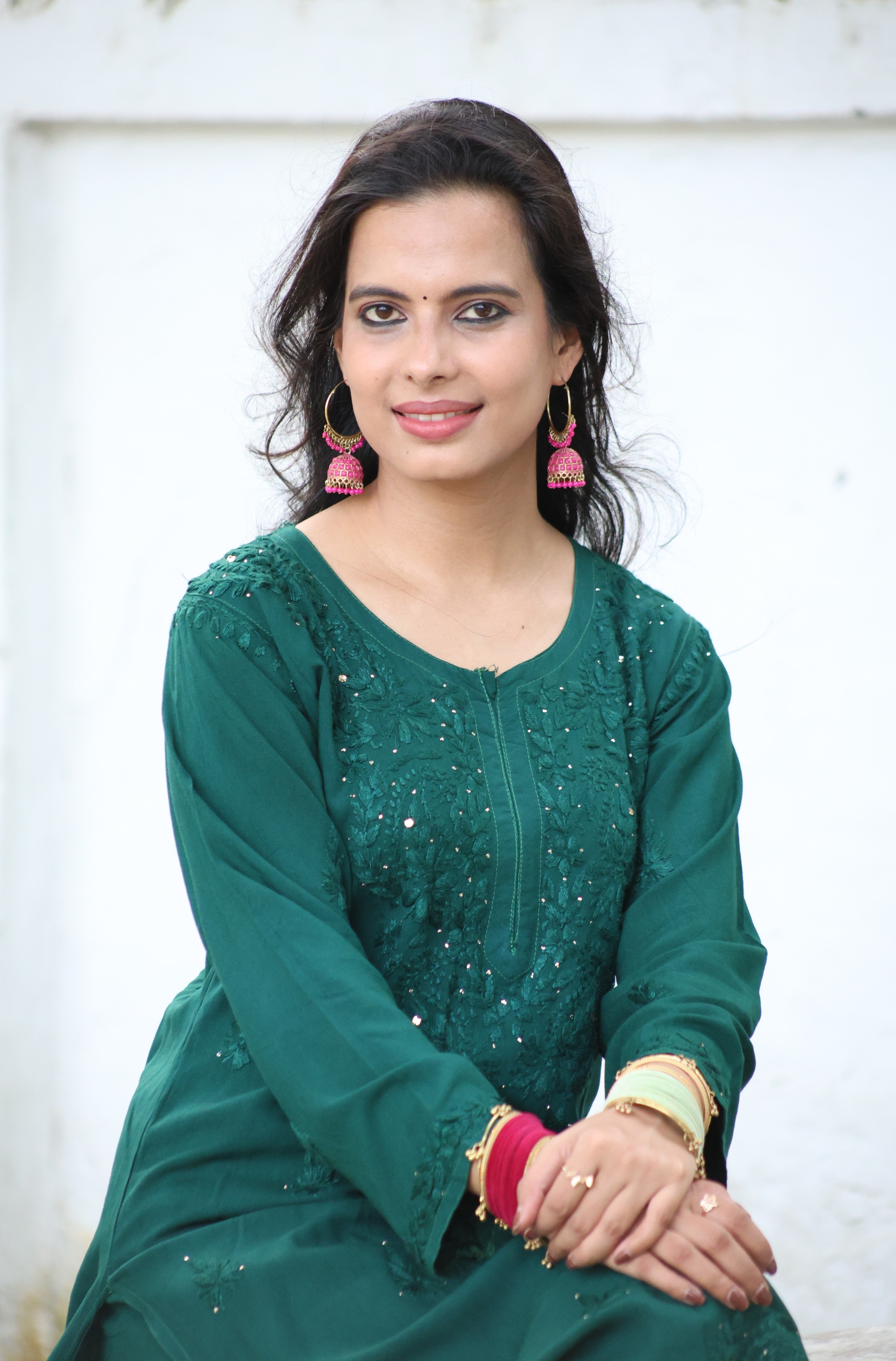 Fiza Green Rayon Mukaish Hand-Embroidered Lucknowi Chikankari Kurta Pant Set