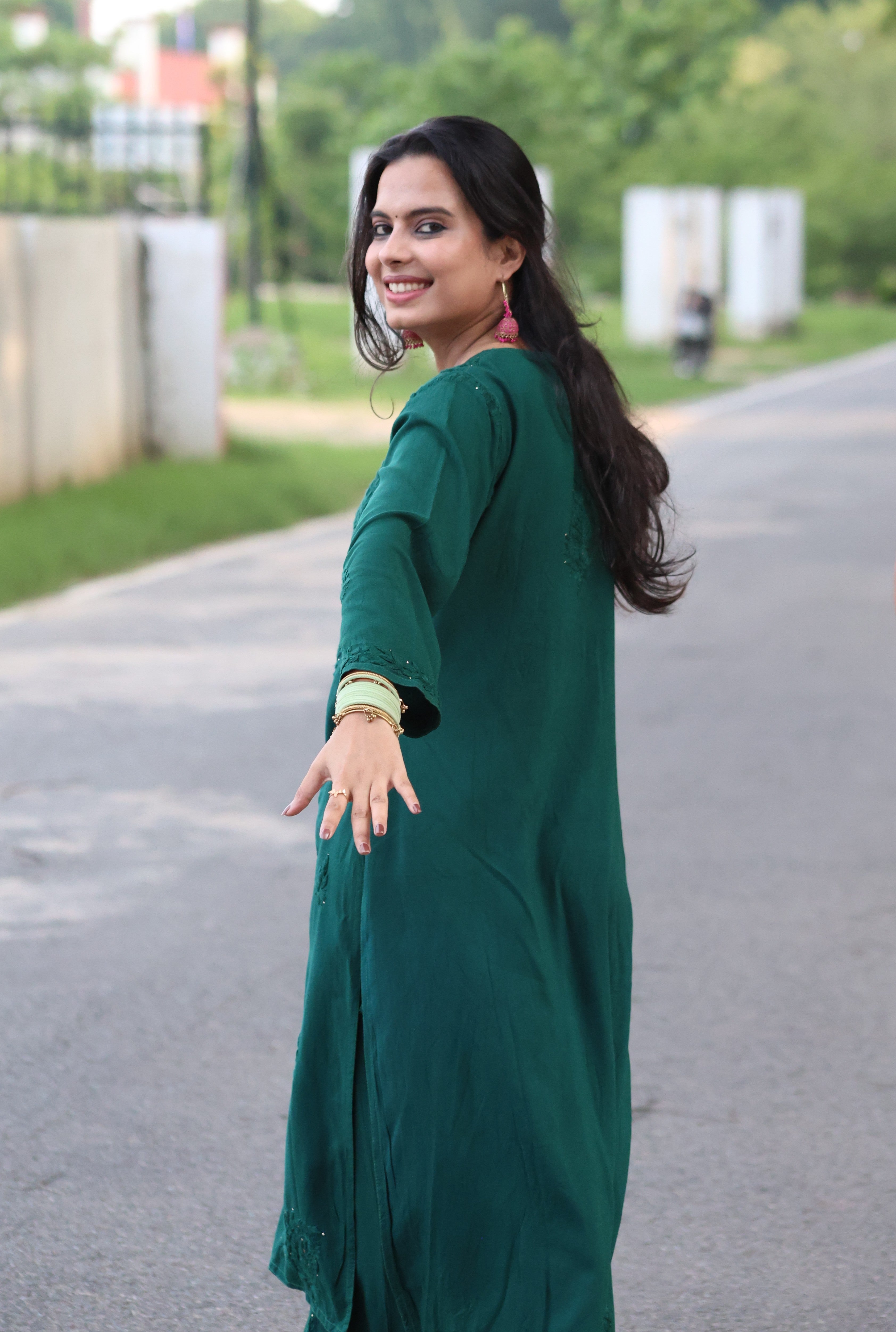 Fiza Green Rayon Mukaish Hand-Embroidered Lucknowi Chikankari Kurta Pant Set