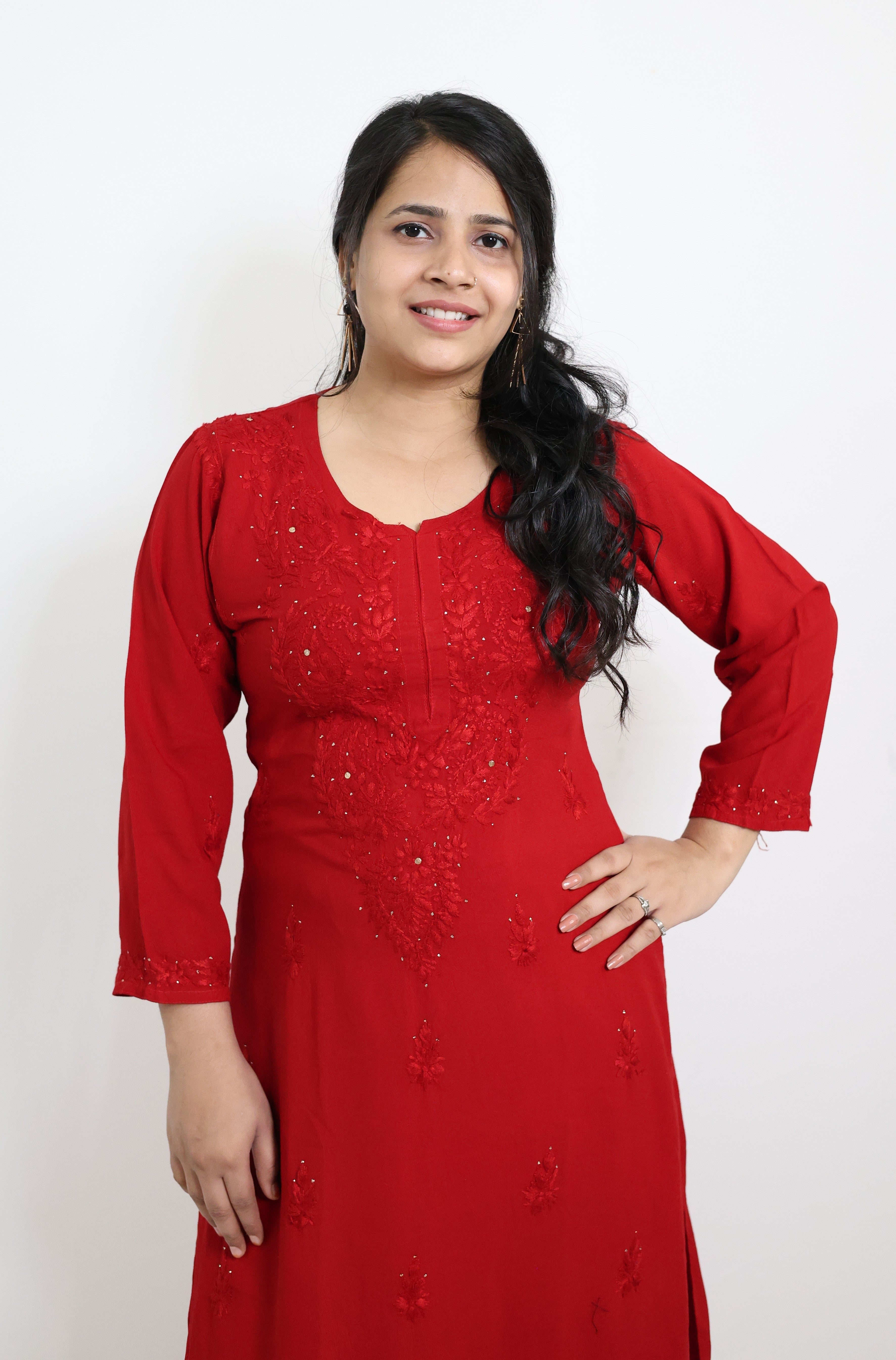 Fiza Red Rayon Mukaish Hand-Embroidered Lucknowi Chikankari Kurta Pant Set
