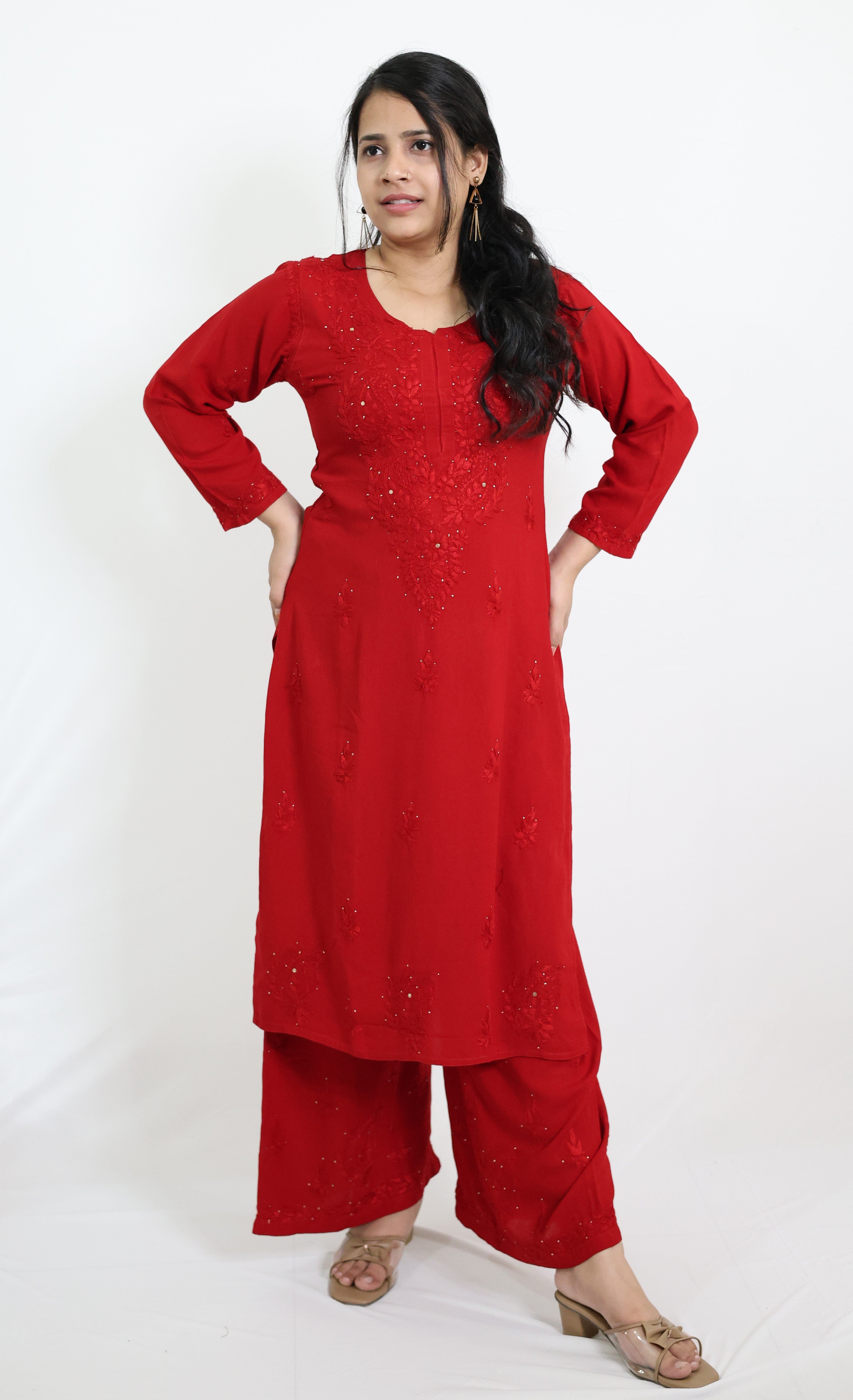 Fiza Red Rayon Mukaish Hand-Embroidered Lucknowi Chikankari Kurta Pant Set