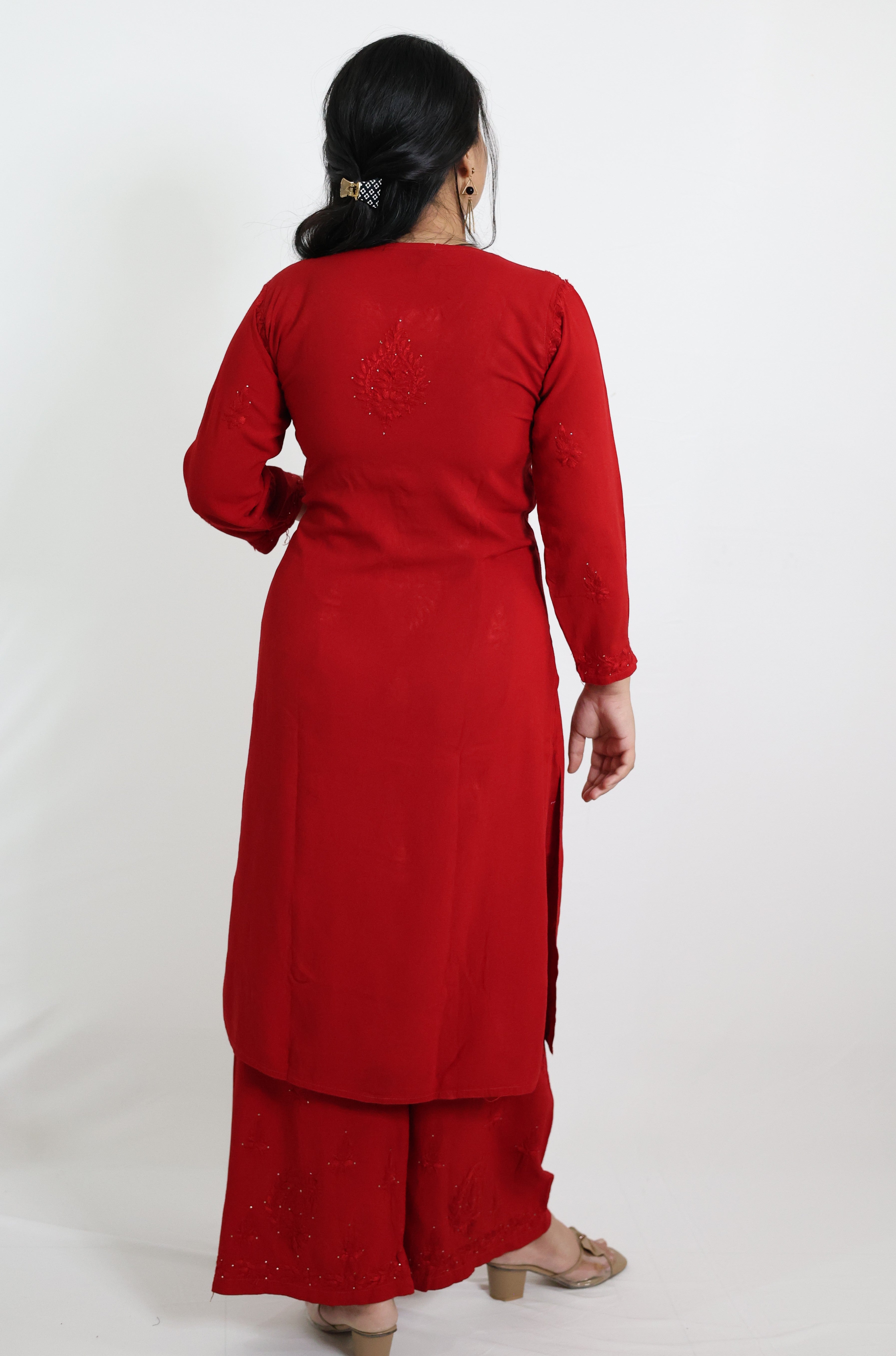 Fiza Red Rayon Mukaish Hand-Embroidered Lucknowi Chikankari Kurta Pant Set