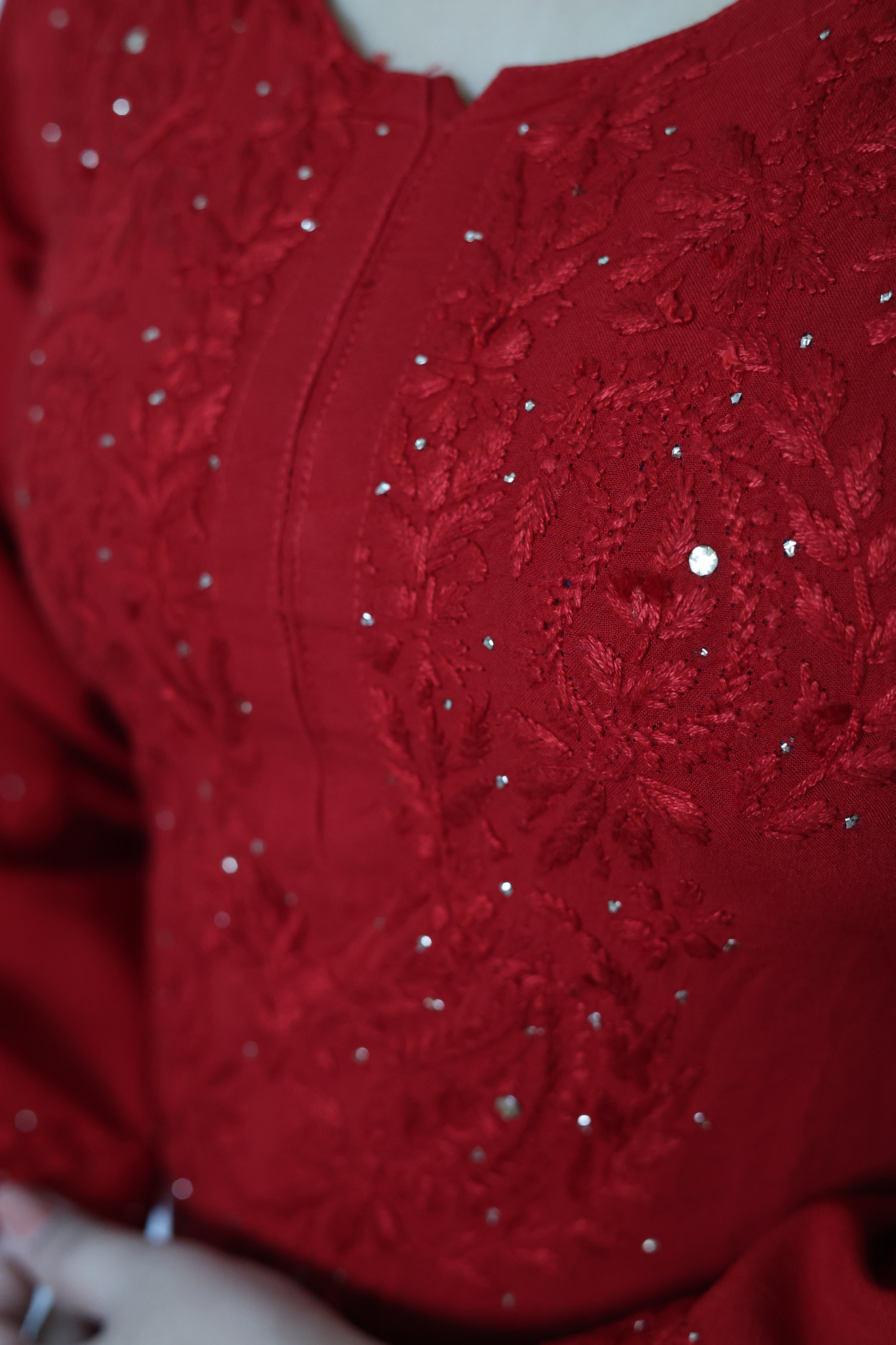 Fiza Red Rayon Mukaish Hand-Embroidered Lucknowi Chikankari Kurta Pant Set