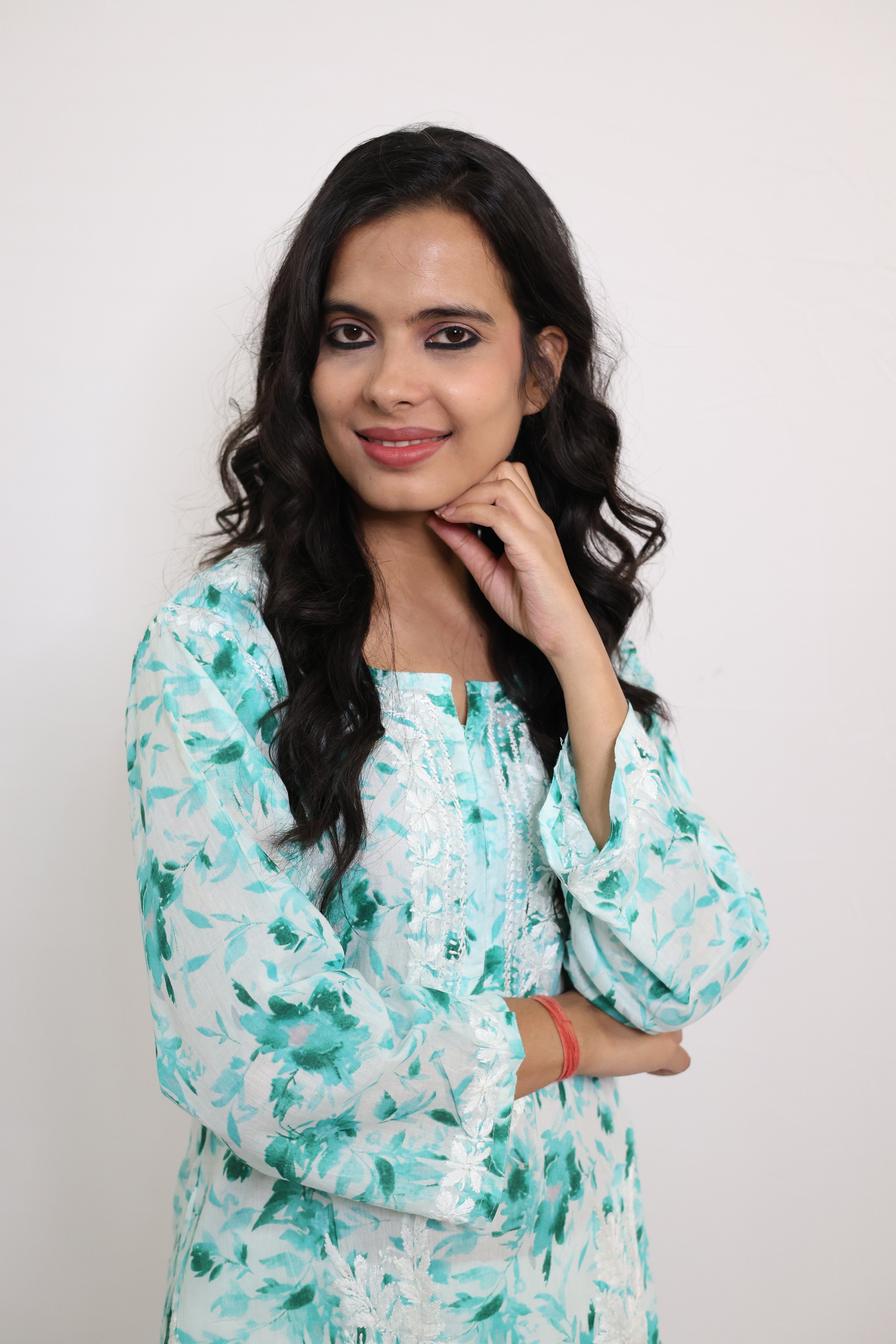 Flower Aqua Green Mulmul Cotton Hand-Embroidered Lucknowi Chikankari Kurta Set