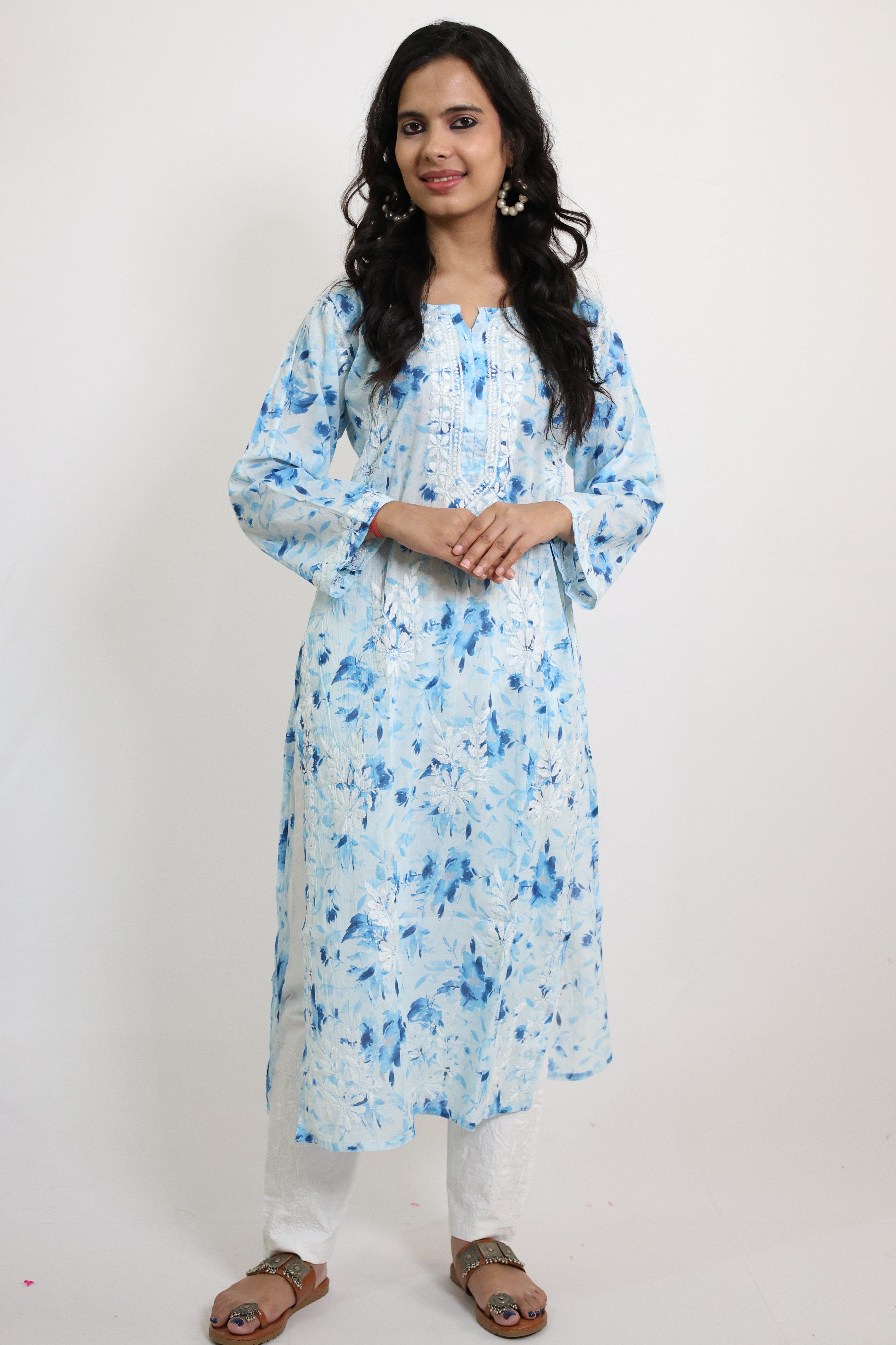 Flower Blue Mulmul Cotton Hand-Embroidered Lucknowi Chikankari Kurta Set