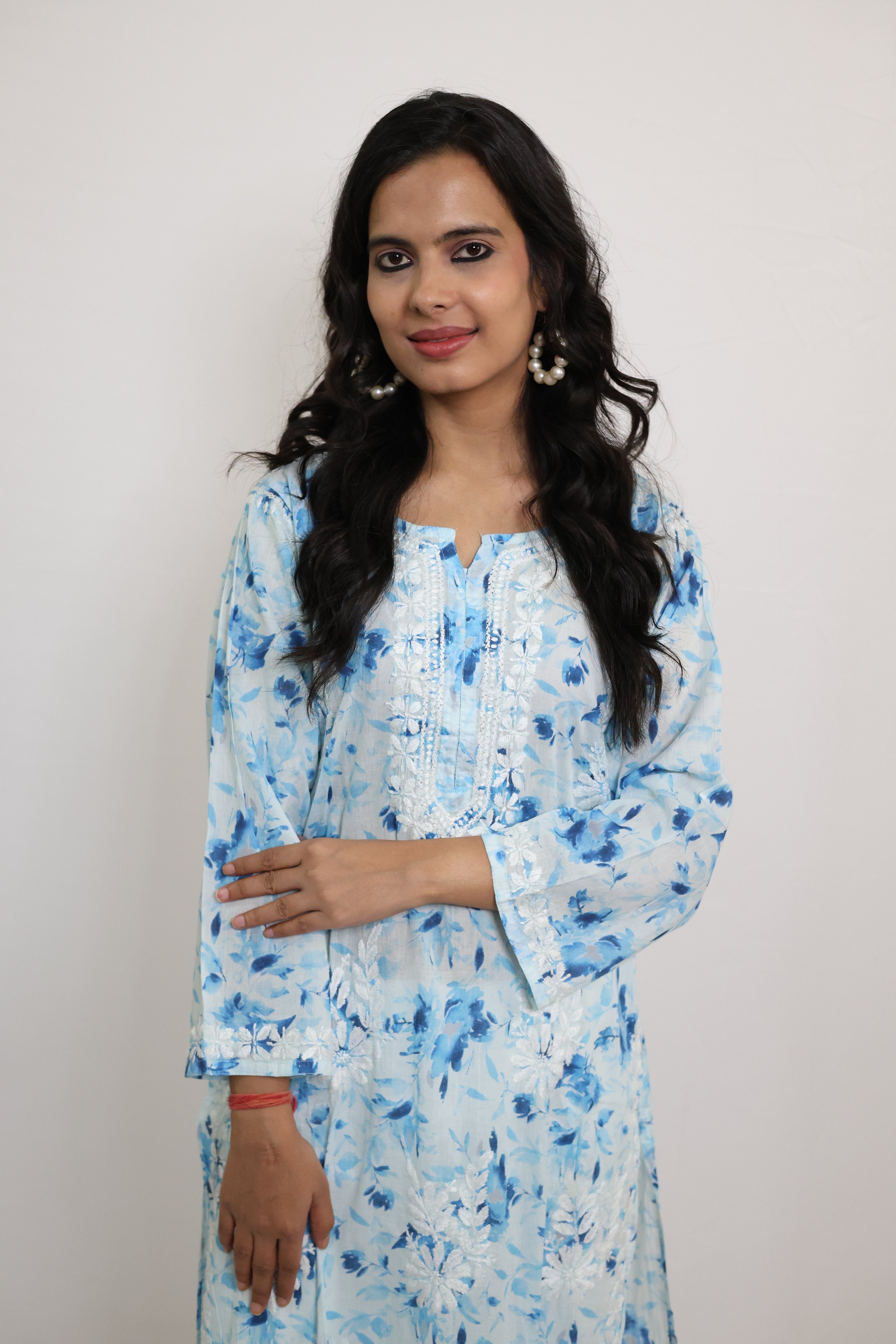 Flower Blue Mulmul Cotton Hand-Embroidered Lucknowi Chikankari Kurta Set