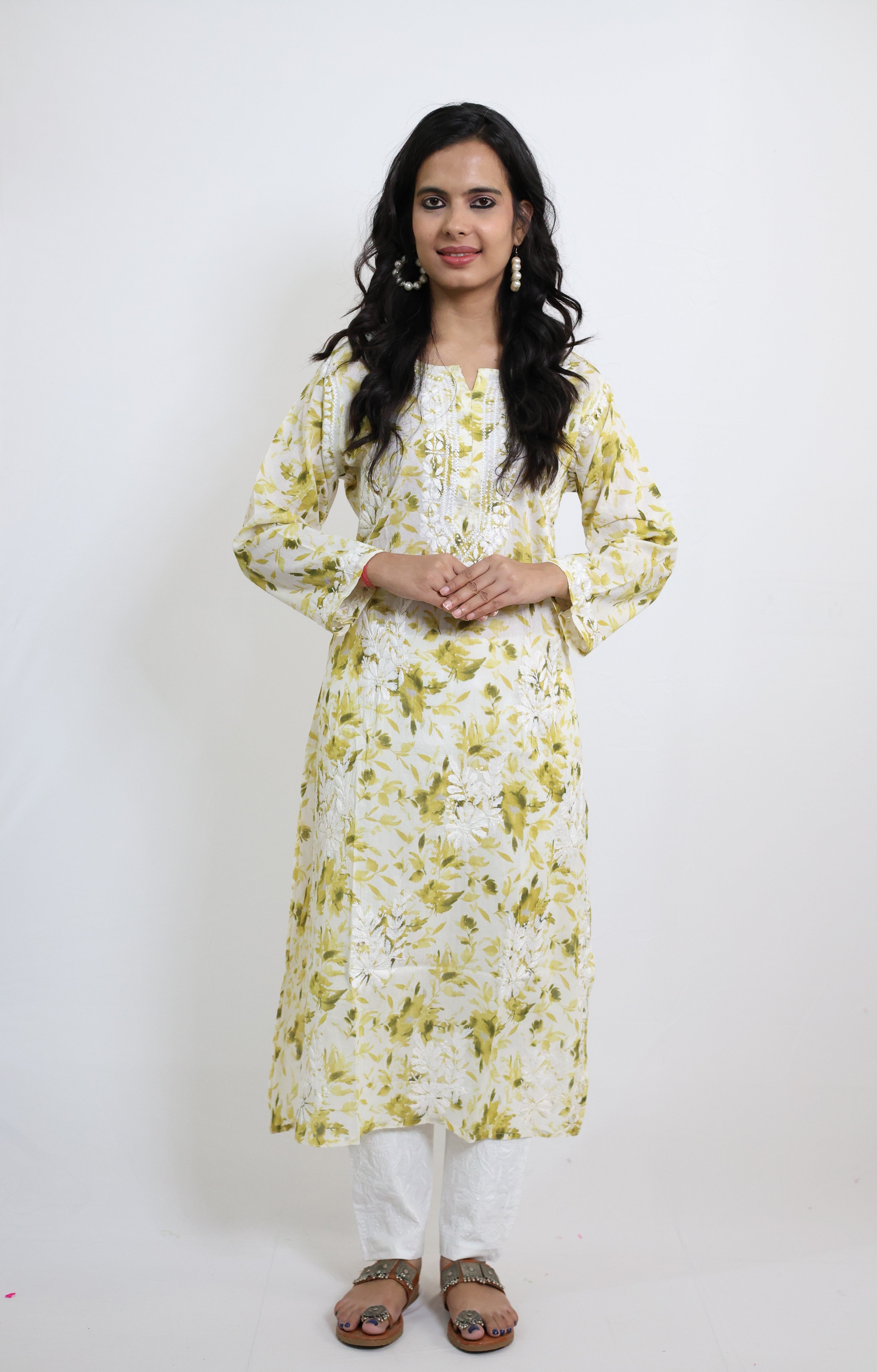 Flower Green Mulmul Cotton Hand-Embroidered Lucknowi Chikankari Kurta Set