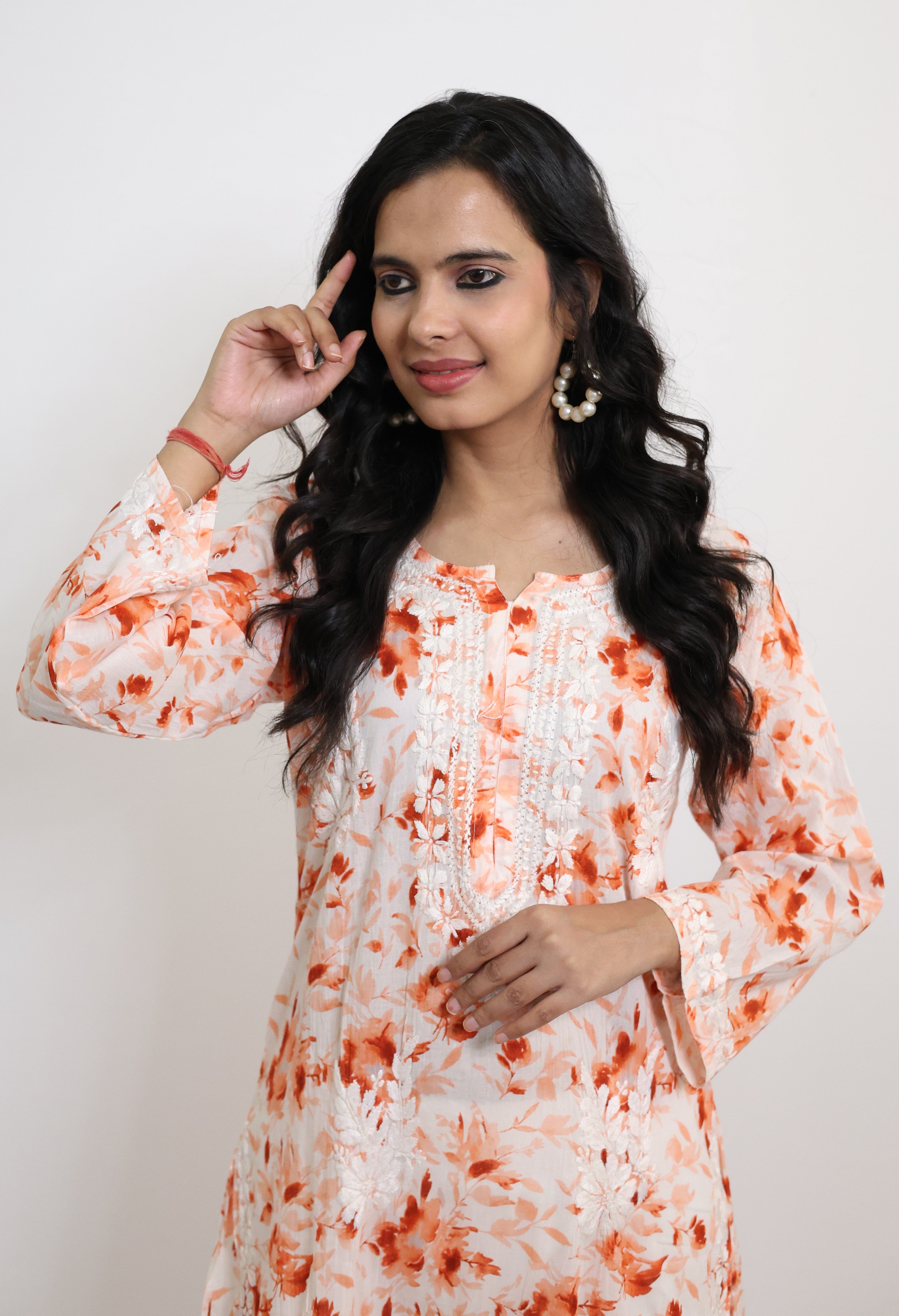 Flower Orange Mulmul Cotton Hand-Embroidered Lucknowi Chikankari Kurta Set