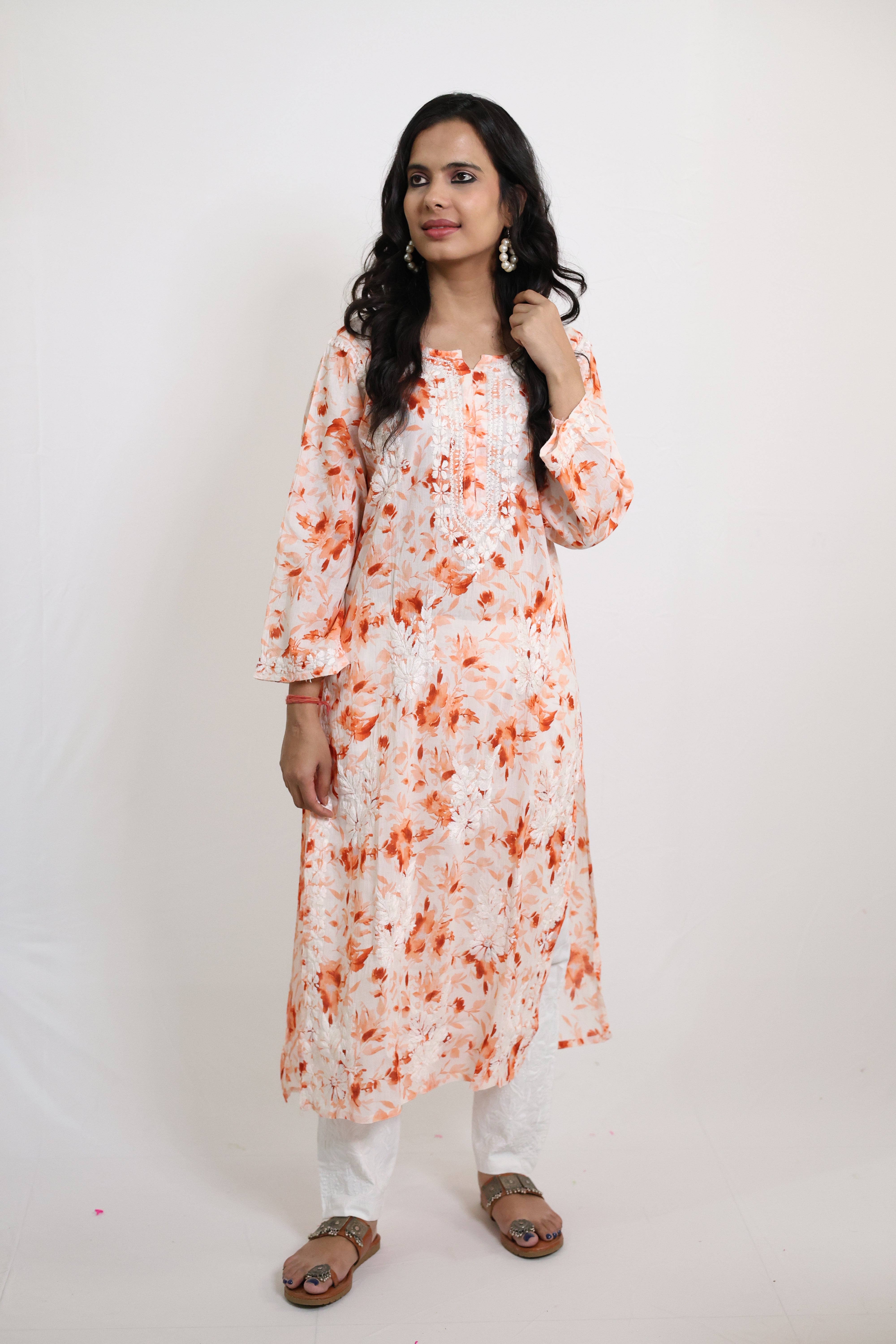 Flower Orange Mulmul Cotton Hand-Embroidered Lucknowi Chikankari Kurta Set