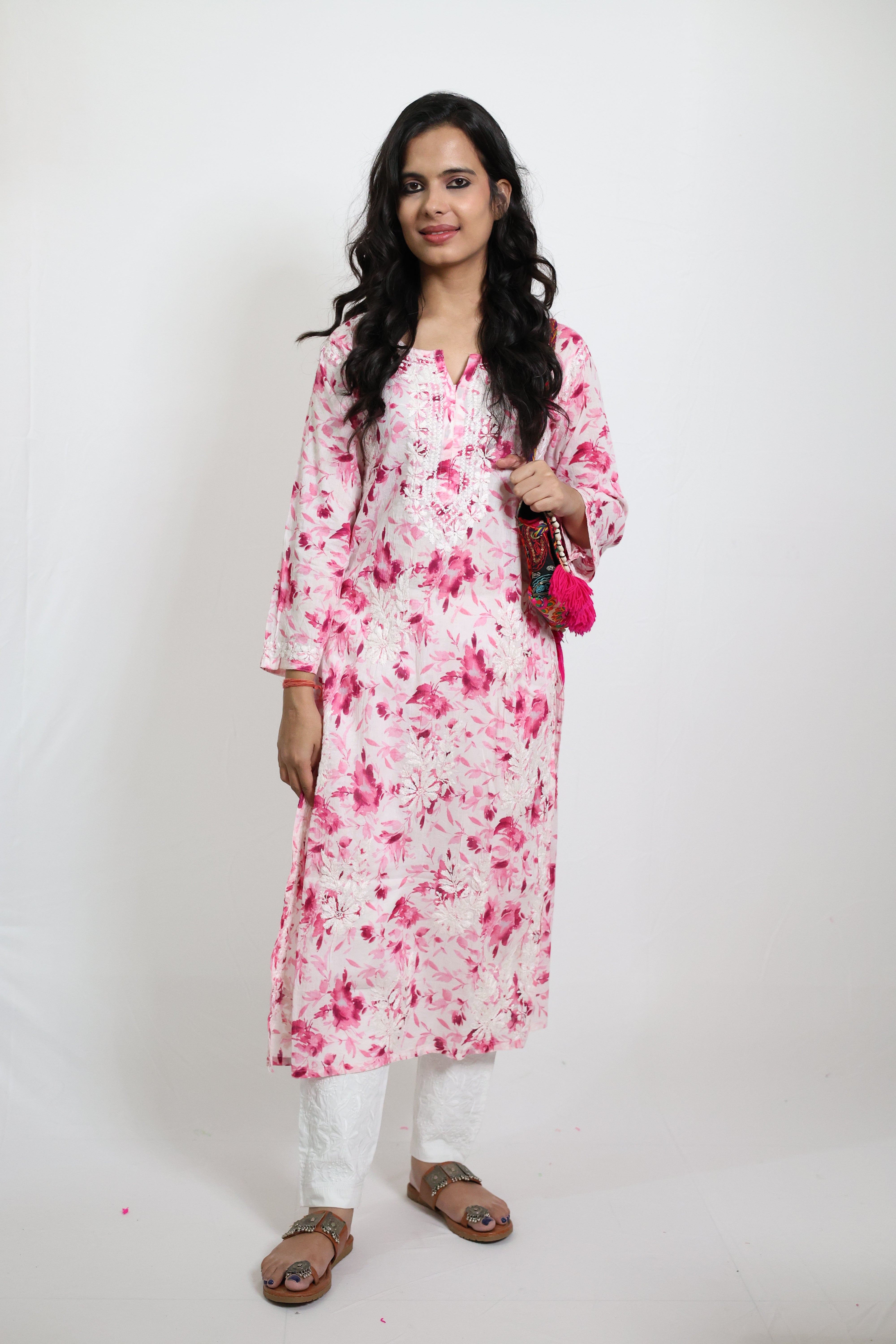 Flower Pink Mulmul Cotton Hand-Embroidered Lucknowi Chikankari Kurta Set