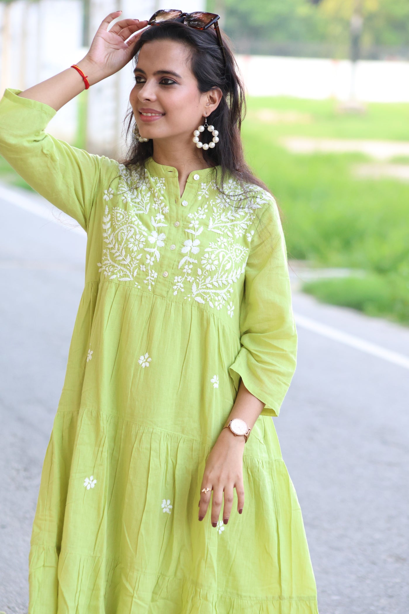 Green Pure Cotton Lucknowi Chikankari Maxi Dress with attached Inner – AM Chikankari