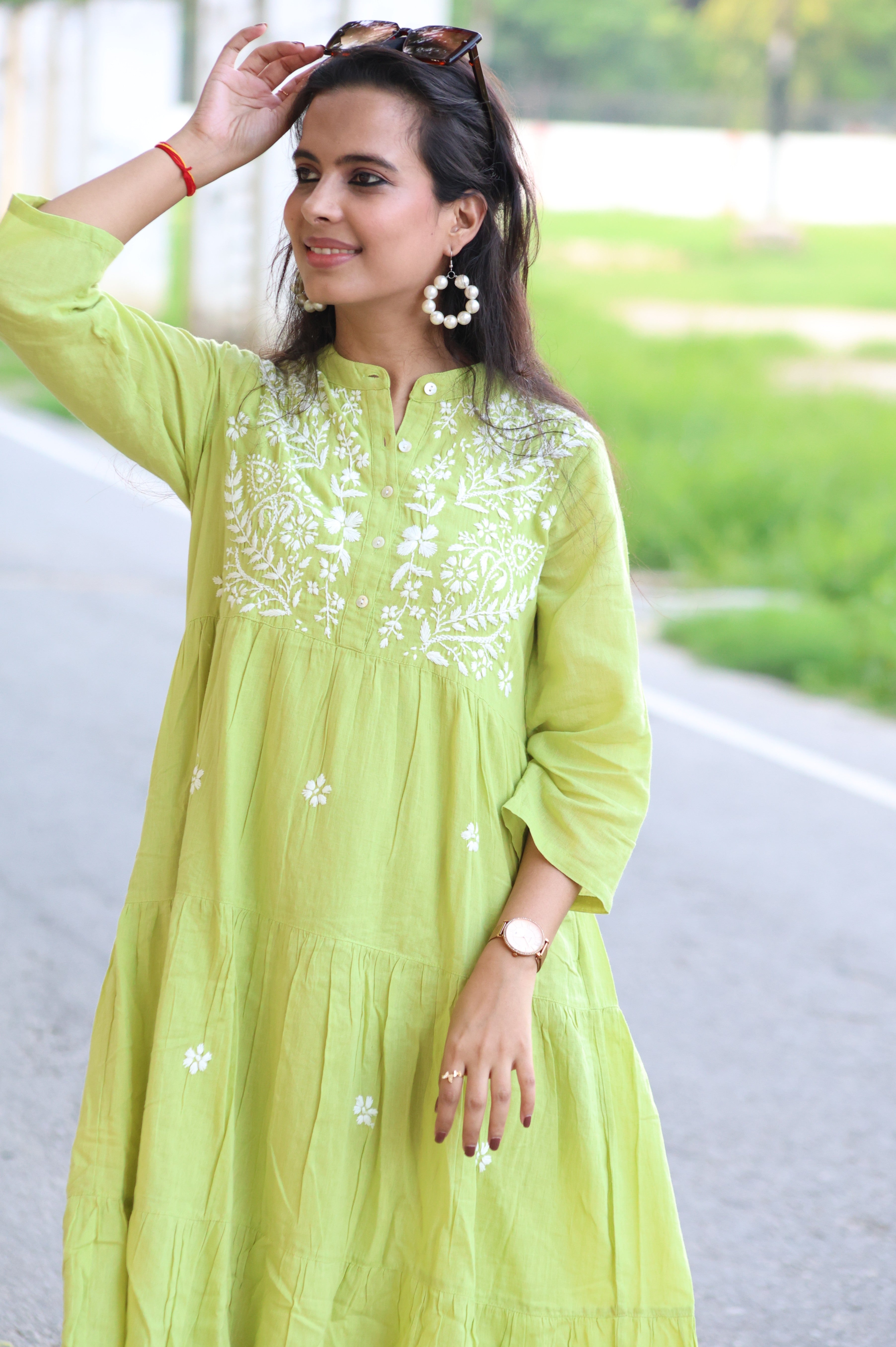 Green Pure Cotton Hand-Embroidered Lucknowi Chikankari Maxi Dress with attached Inner