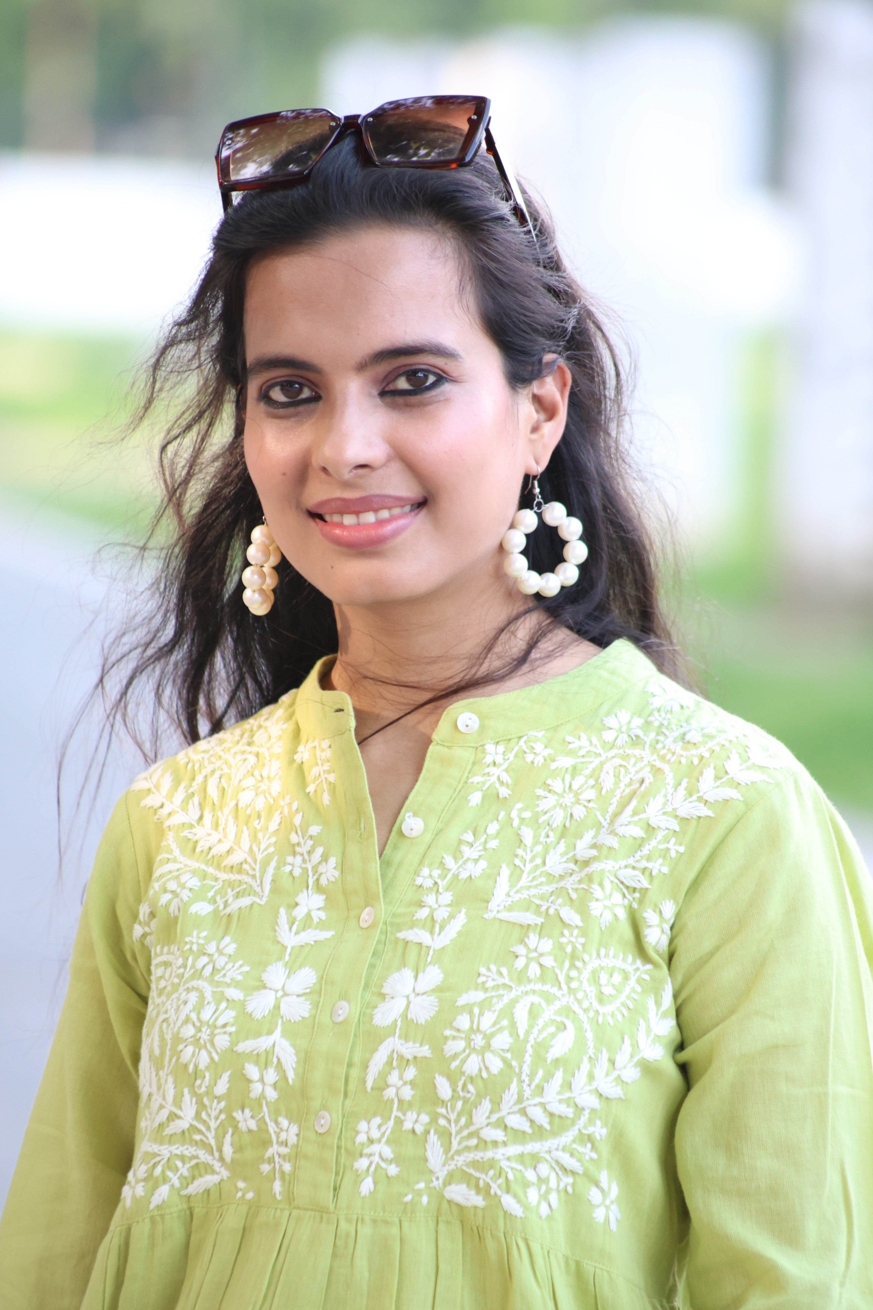 Green Pure Cotton Hand-Embroidered Lucknowi Chikankari Maxi Dress with attached Inner