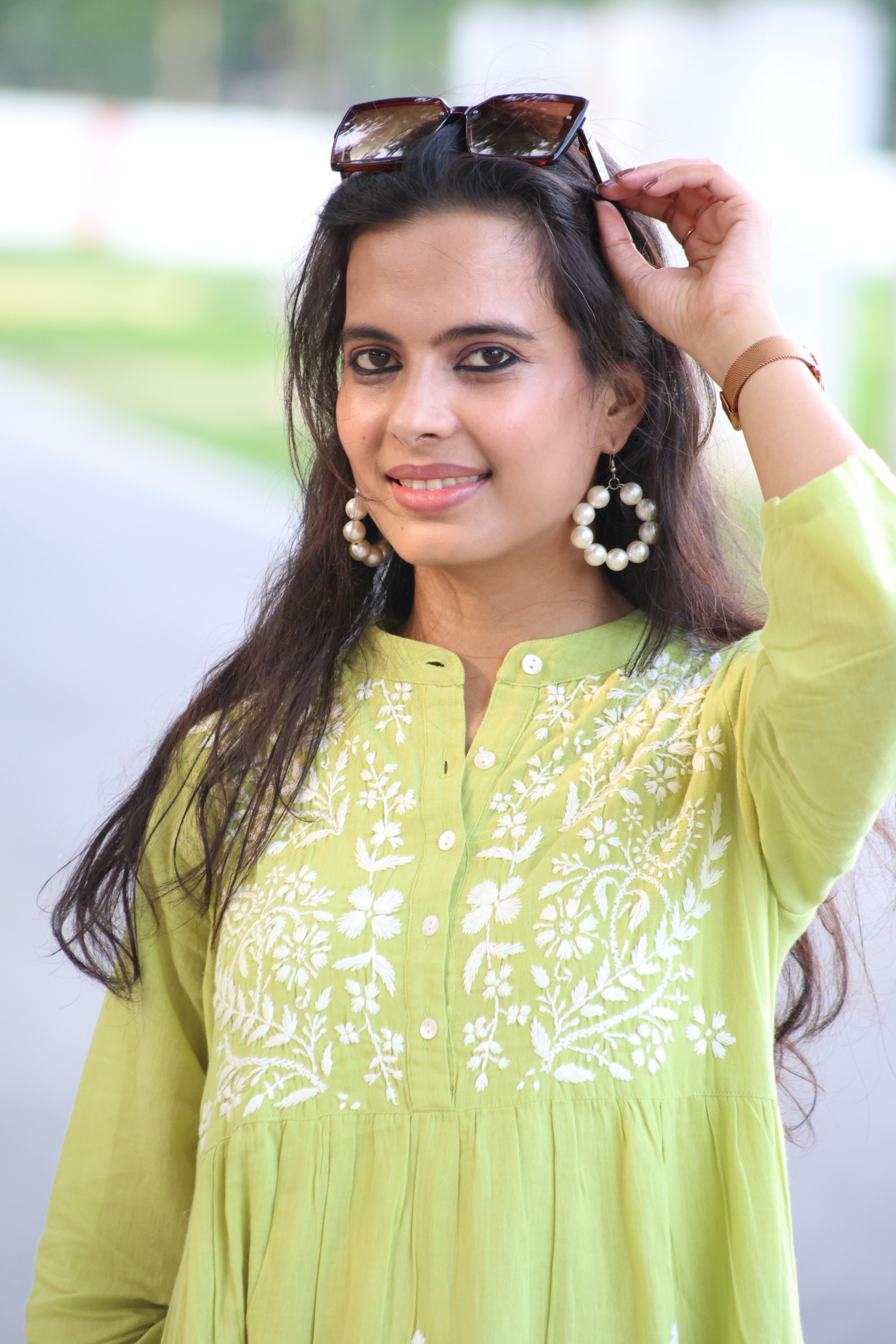 Green Pure Cotton Hand-Embroidered Lucknowi Chikankari Maxi Dress with attached Inner