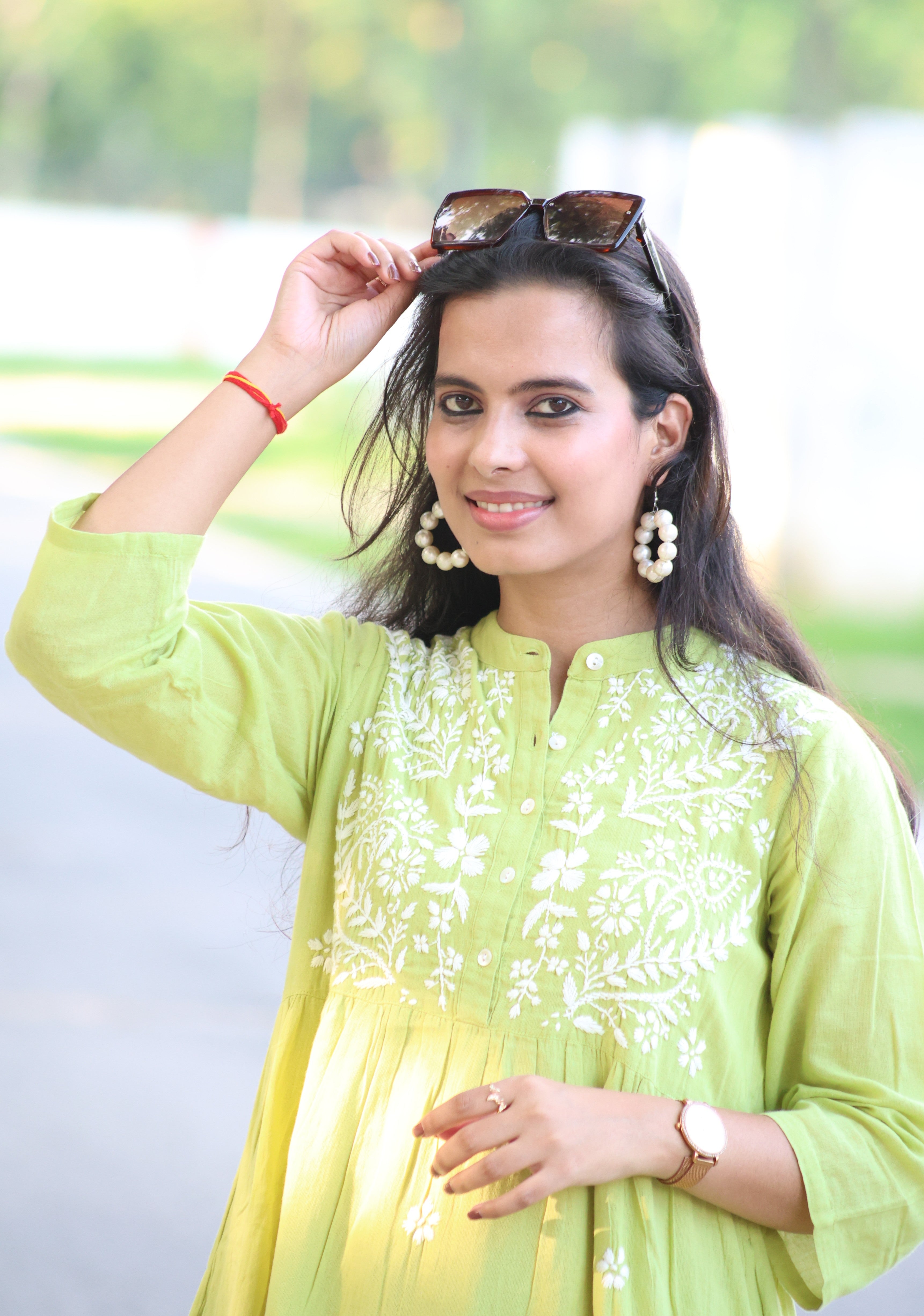 Green Pure Cotton Hand-Embroidered Lucknowi Chikankari Maxi Dress with attached Inner