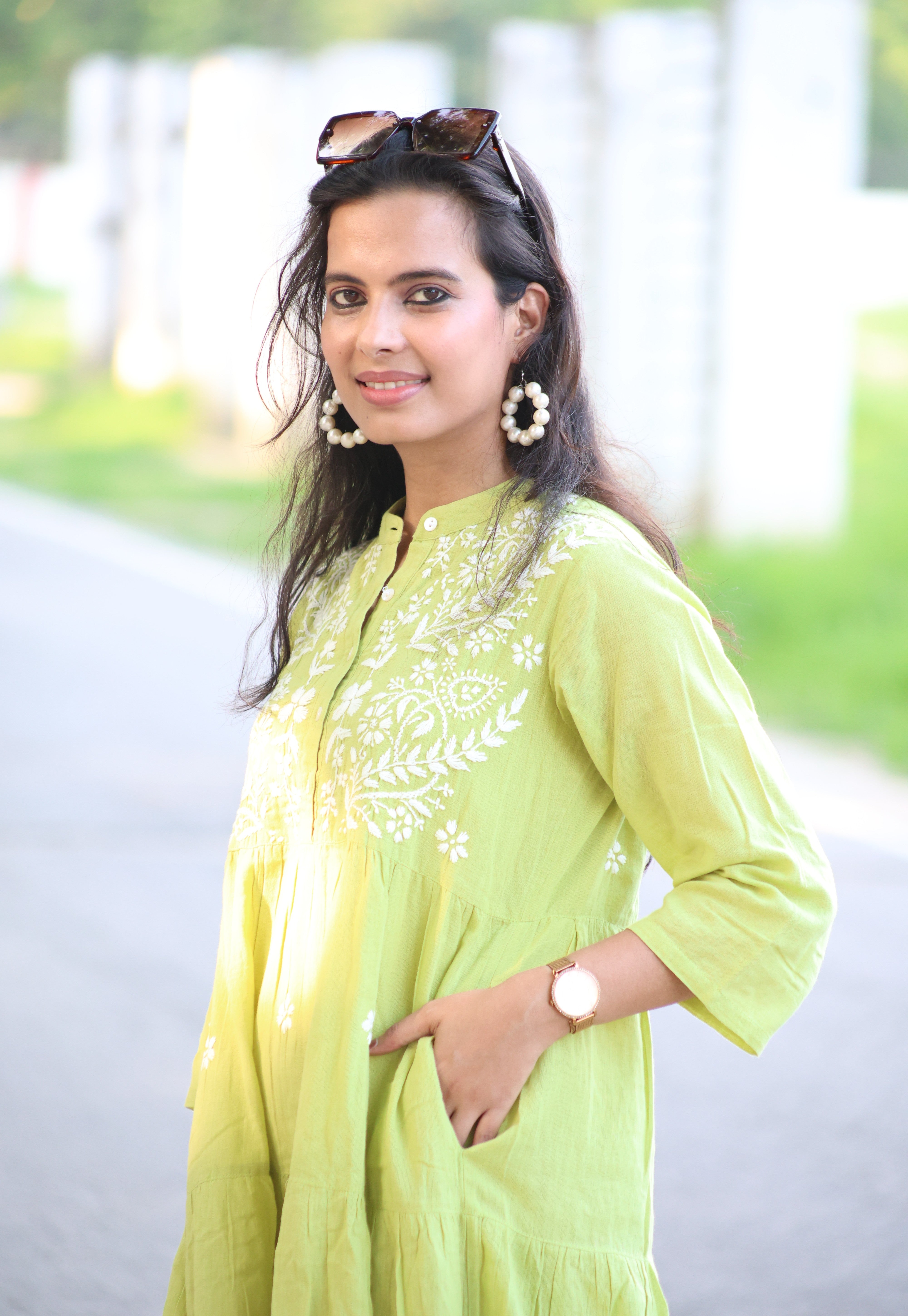 Green Pure Cotton Hand-Embroidered Lucknowi Chikankari Maxi Dress with attached Inner