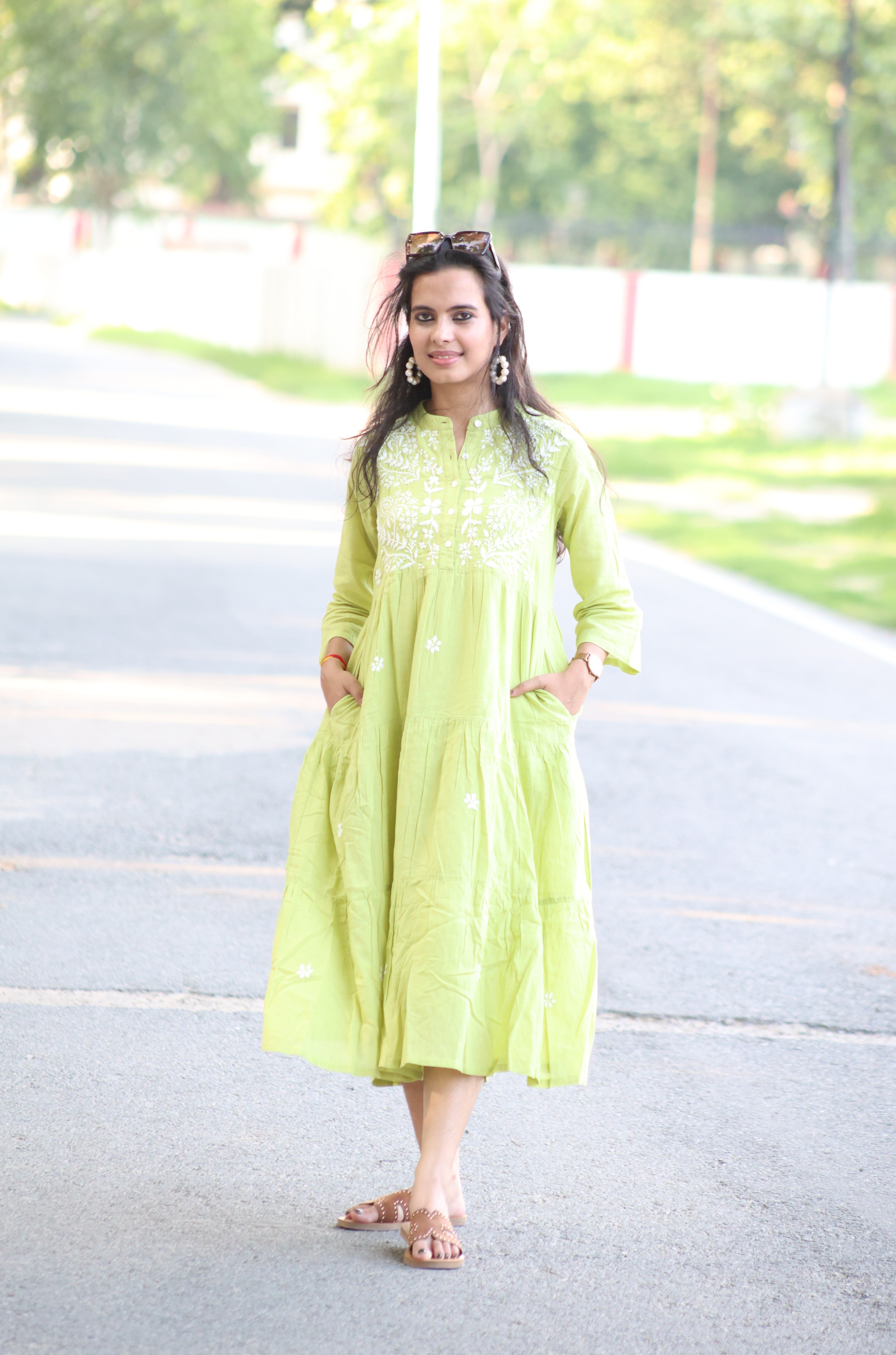 Green Pure Cotton Hand-Embroidered Lucknowi Chikankari Maxi Dress with attached Inner