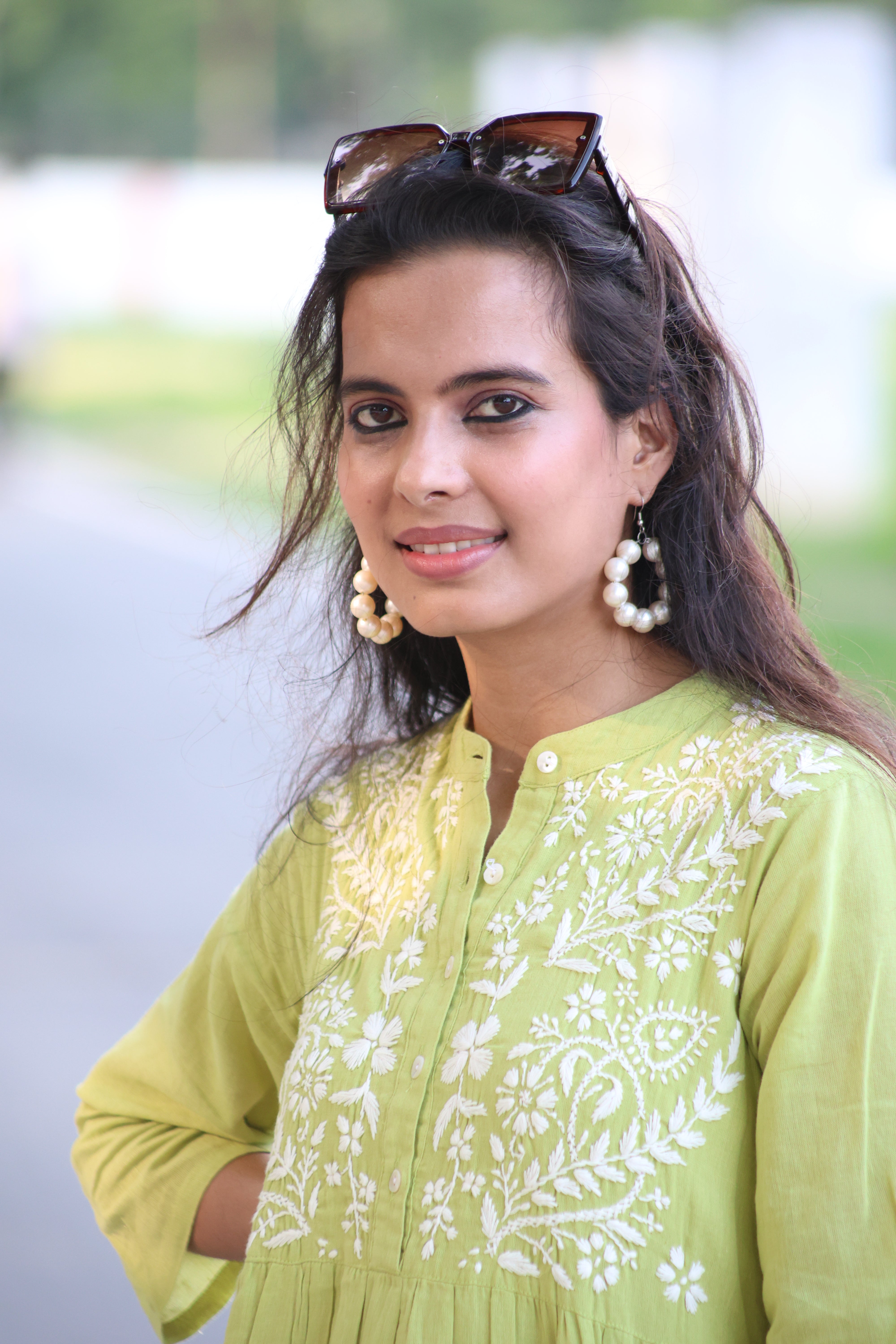 Green Pure Cotton Hand-Embroidered Lucknowi Chikankari Maxi Dress with attached Inner
