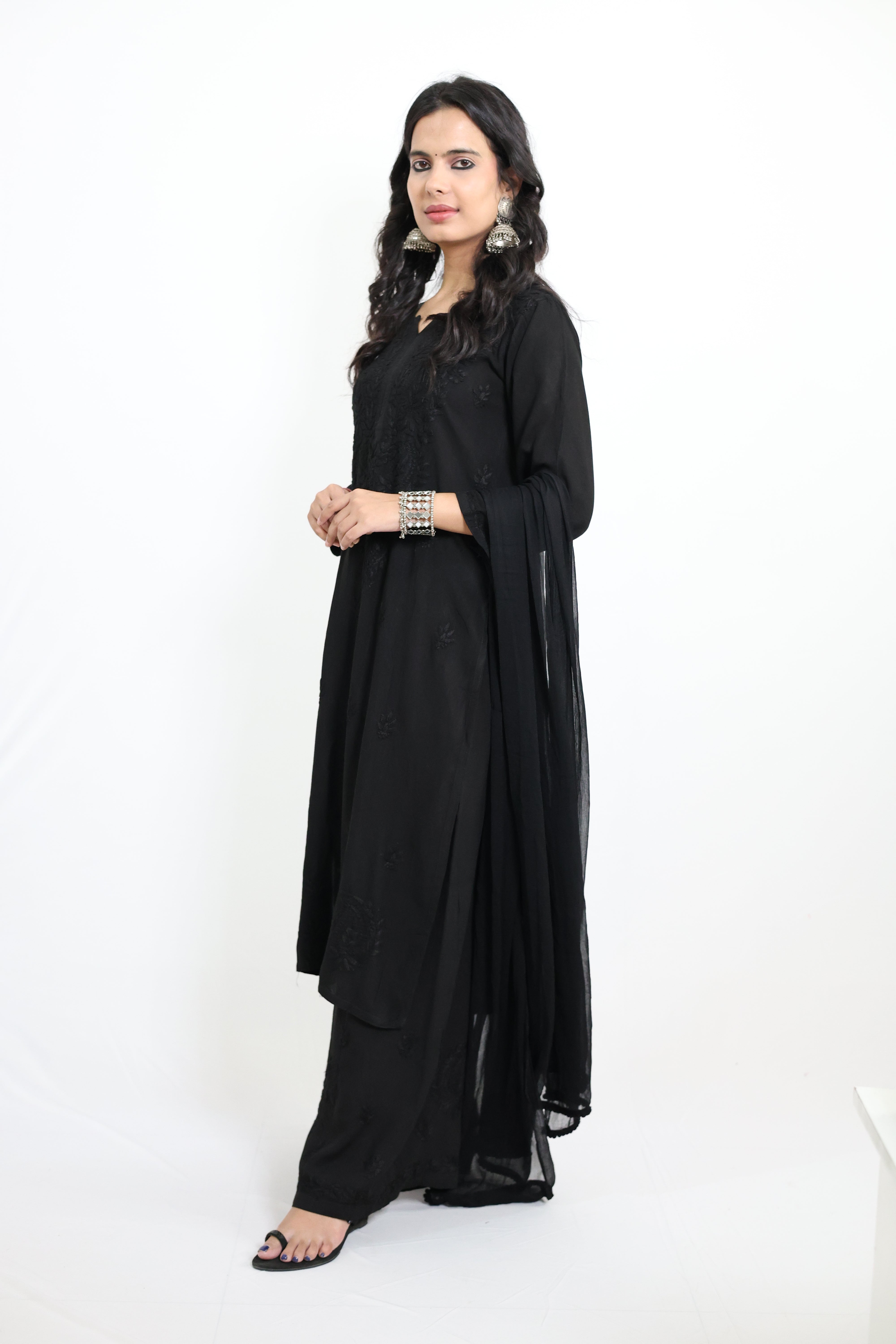 Gunjan Black Rayon Hand-Embroidered Lucknowi Chikankari Kurta Set with Dupatta