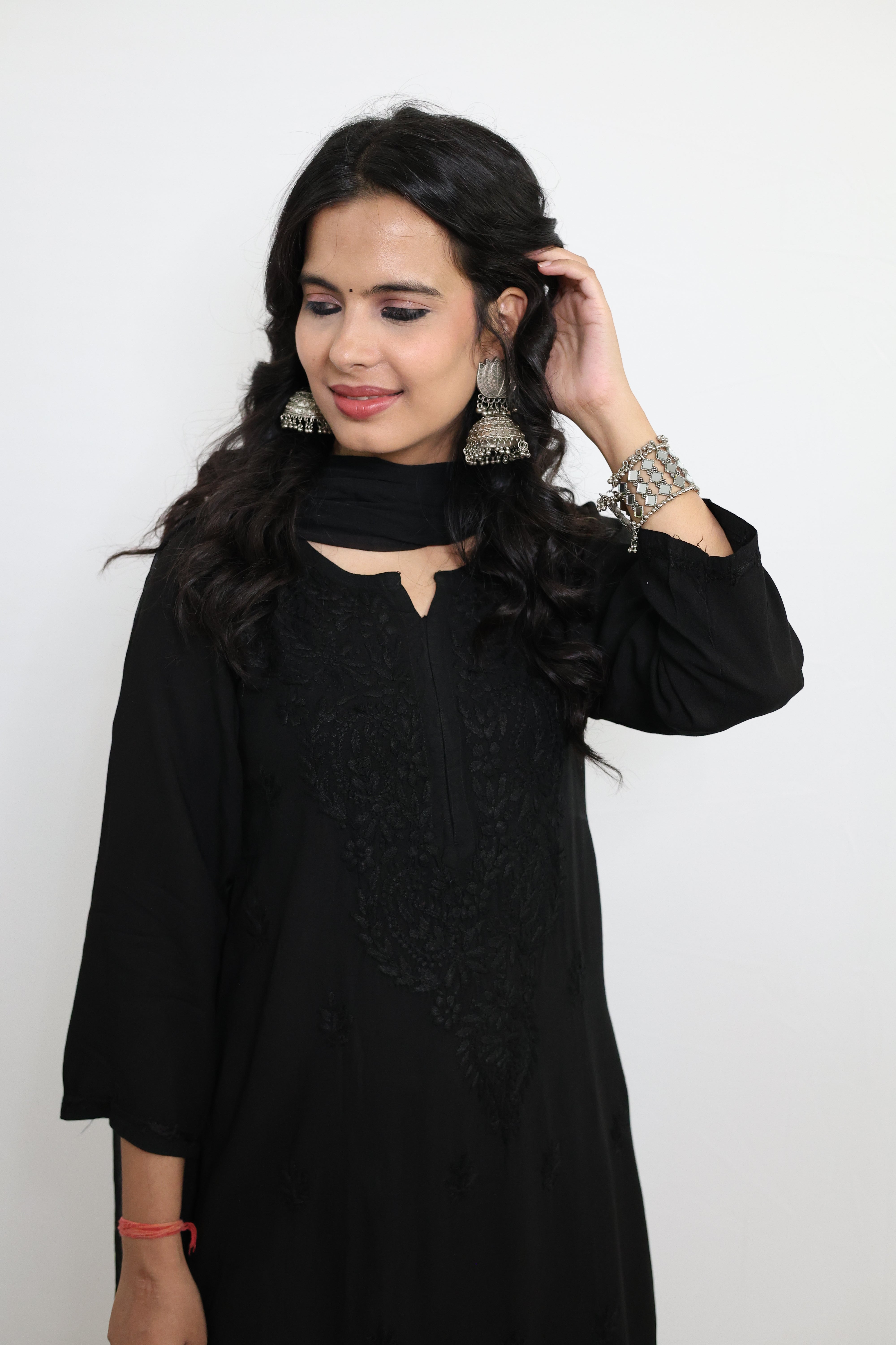 Gunjan Black Rayon Hand-Embroidered Lucknowi Chikankari Kurta Set with Dupatta