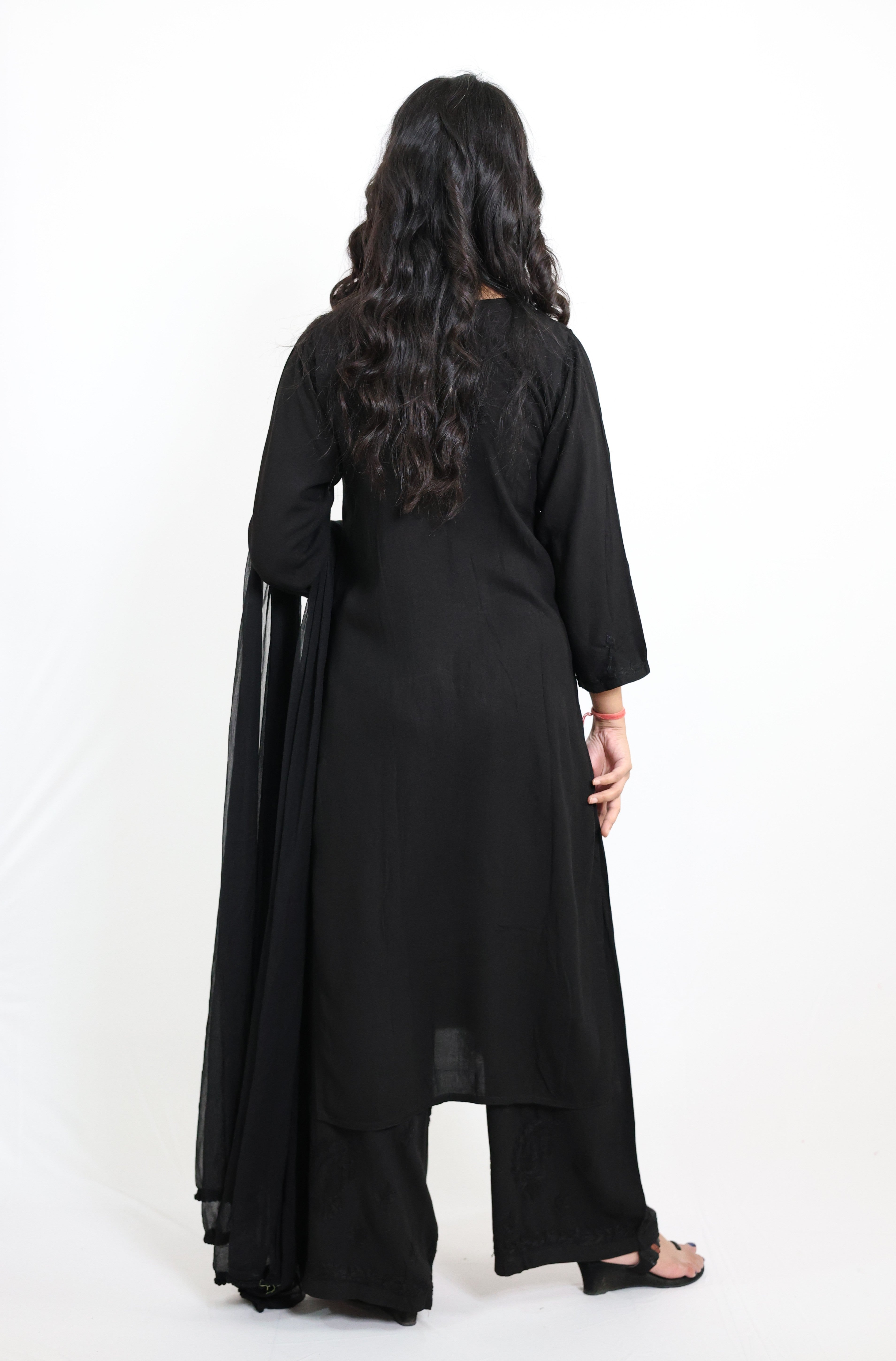 Gunjan Black Rayon Hand-Embroidered Lucknowi Chikankari Kurta Set with Dupatta