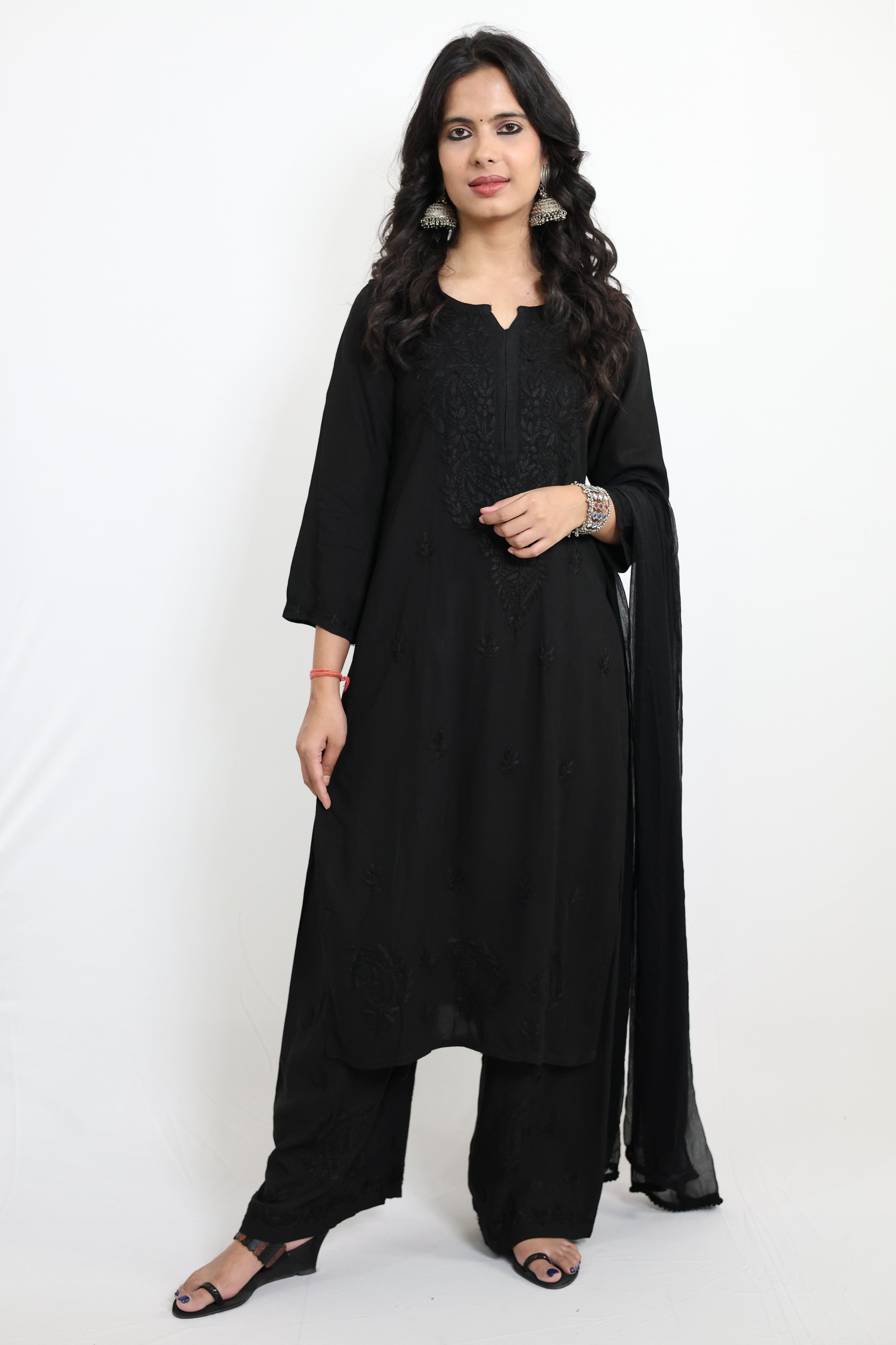 Gunjan Black Rayon Hand-Embroidered Lucknowi Chikankari Kurta Set with Dupatta