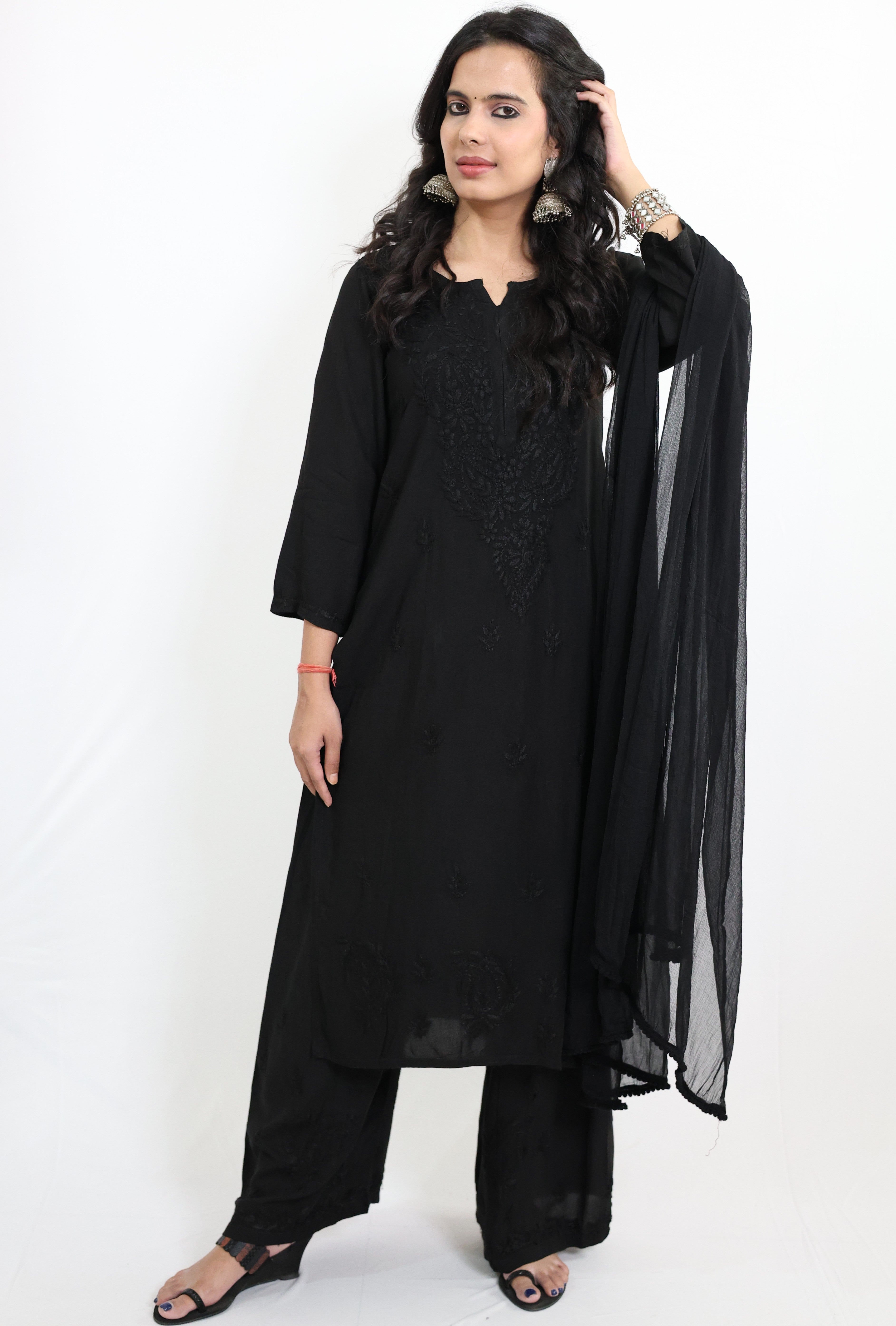 Gunjan Black Rayon Hand-Embroidered Lucknowi Chikankari Kurta Set with Dupatta