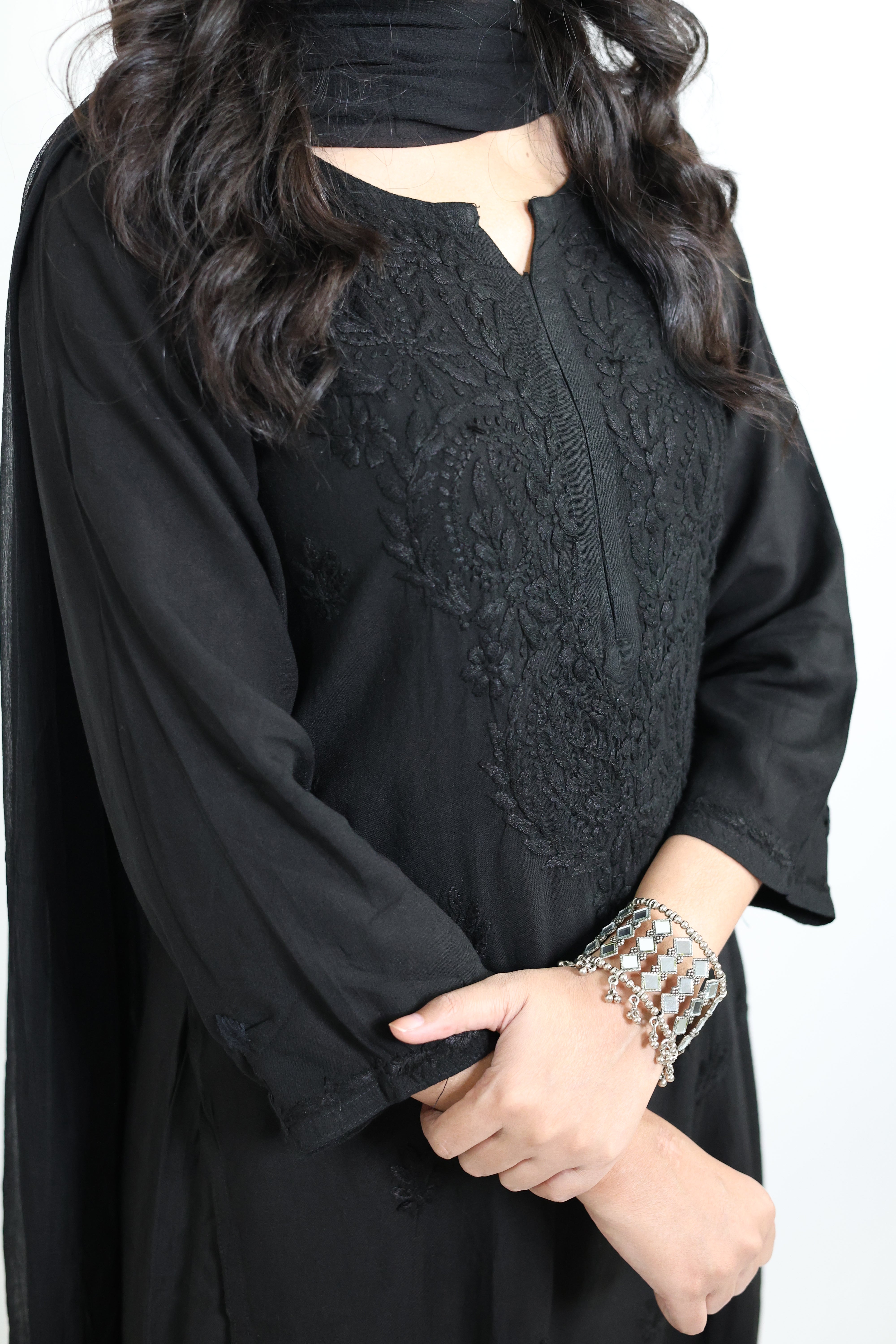Gunjan Black Rayon Hand-Embroidered Lucknowi Chikankari Kurta Set with Dupatta