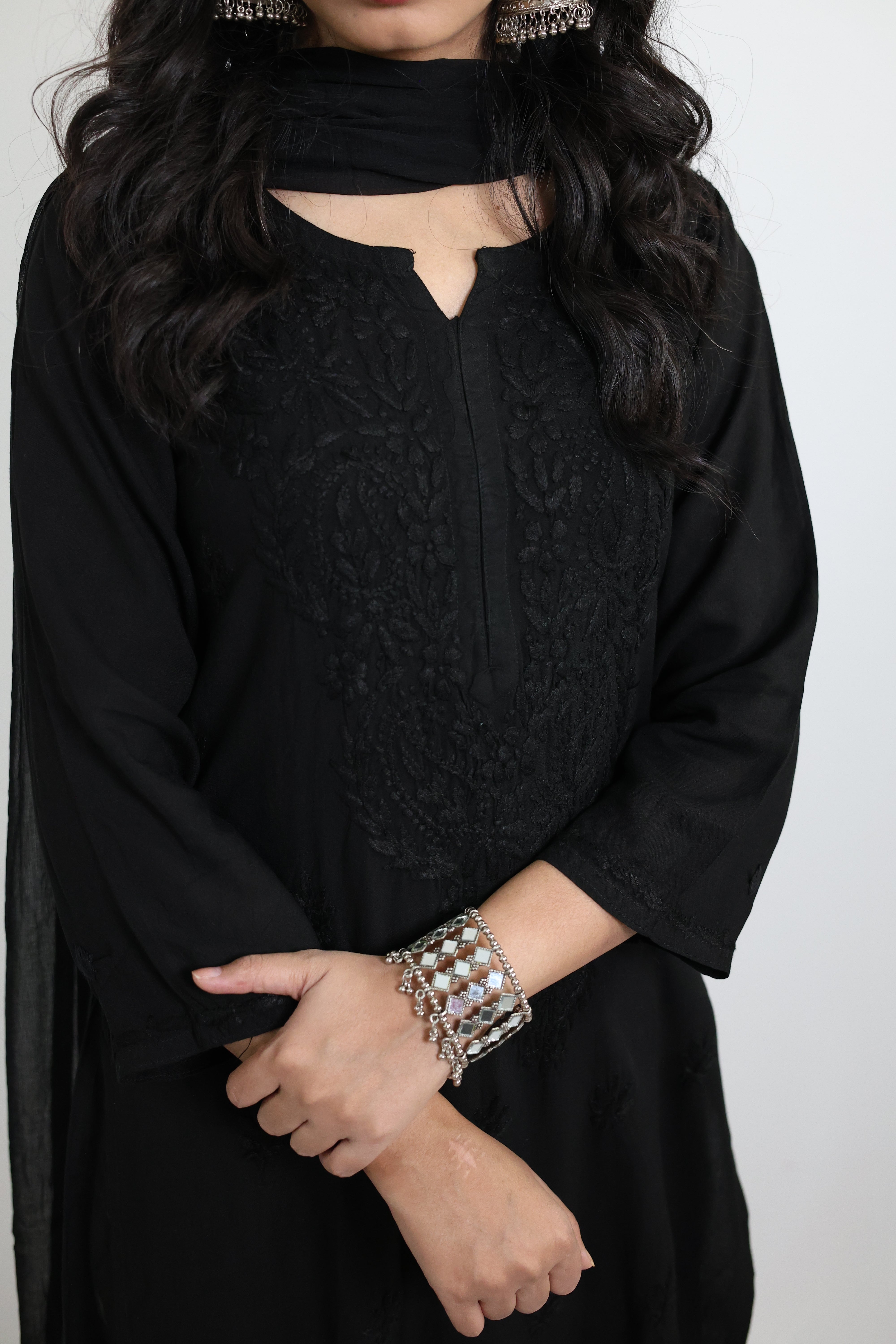 Gunjan Black Rayon Hand-Embroidered Lucknowi Chikankari Kurta Set with Dupatta