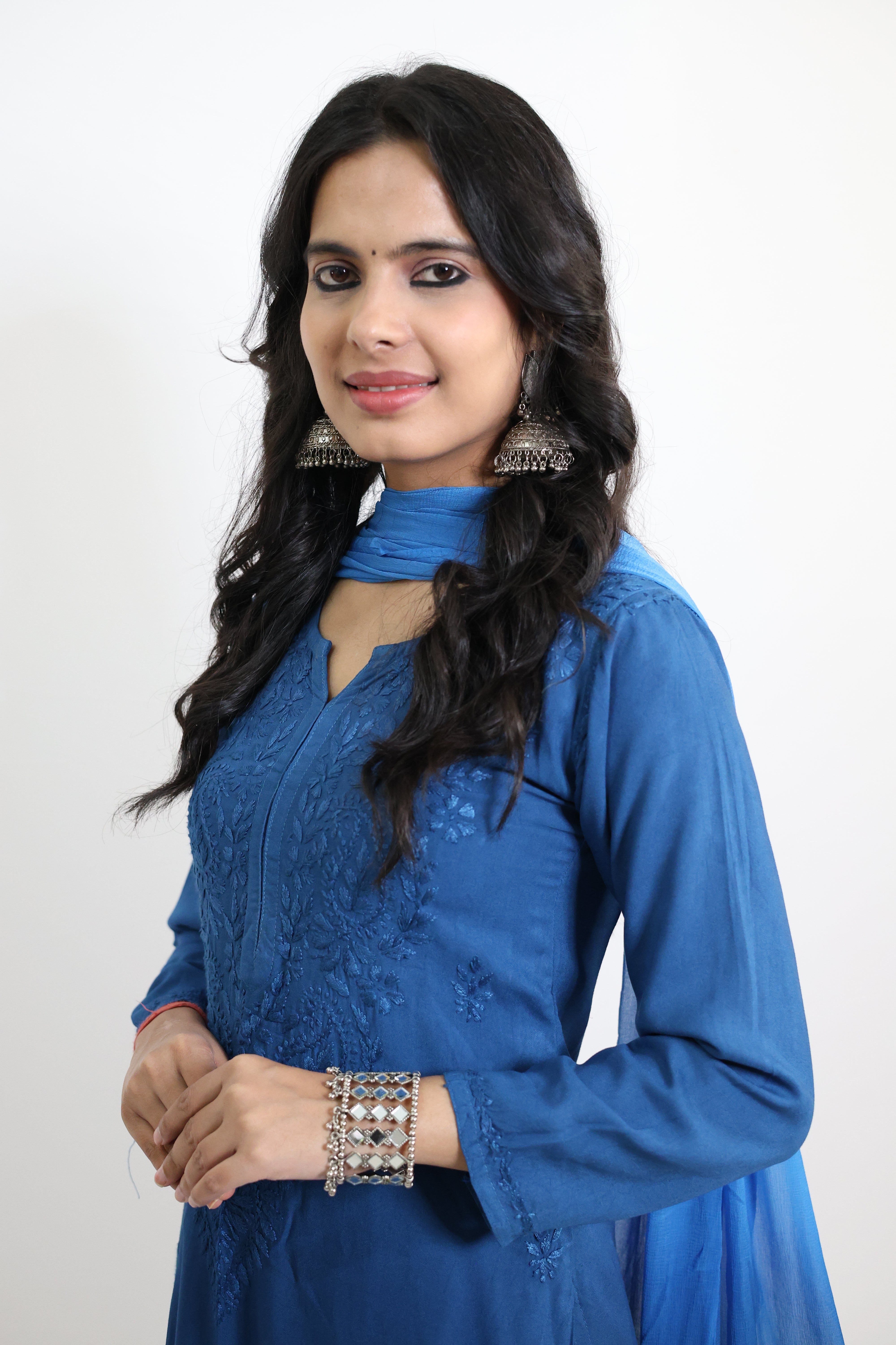 Gunjan Blue Rayon Hand-Embroidered Lucknowi Chikankari Kurta Set with Dupatta